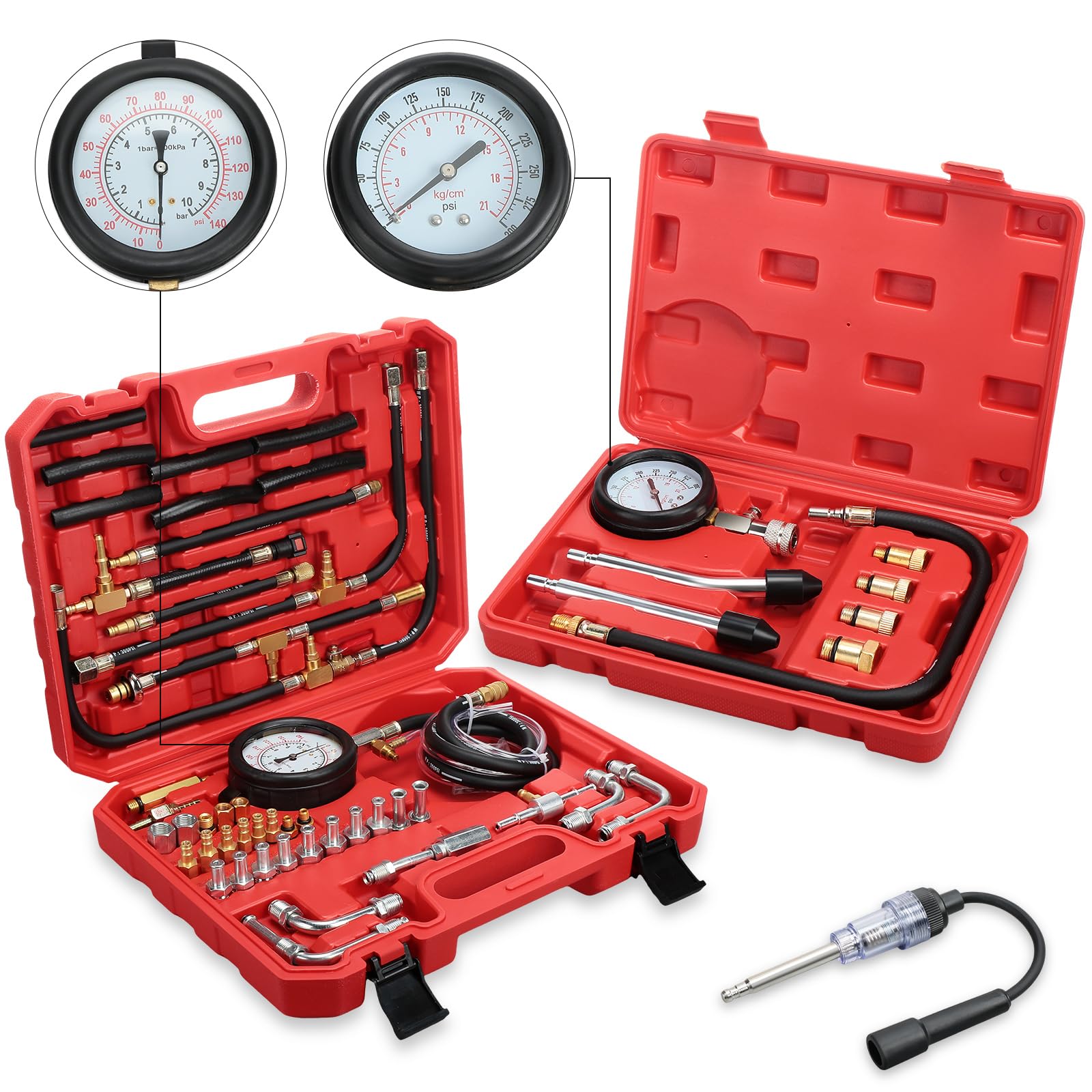 Therwen 45 Pcs Gauge 0-140 Psi Fuel Injection Pressure Tester Kit 8 Pcs Gauge 0-300 Psi Compression and Spark Plug Tester, Oil P