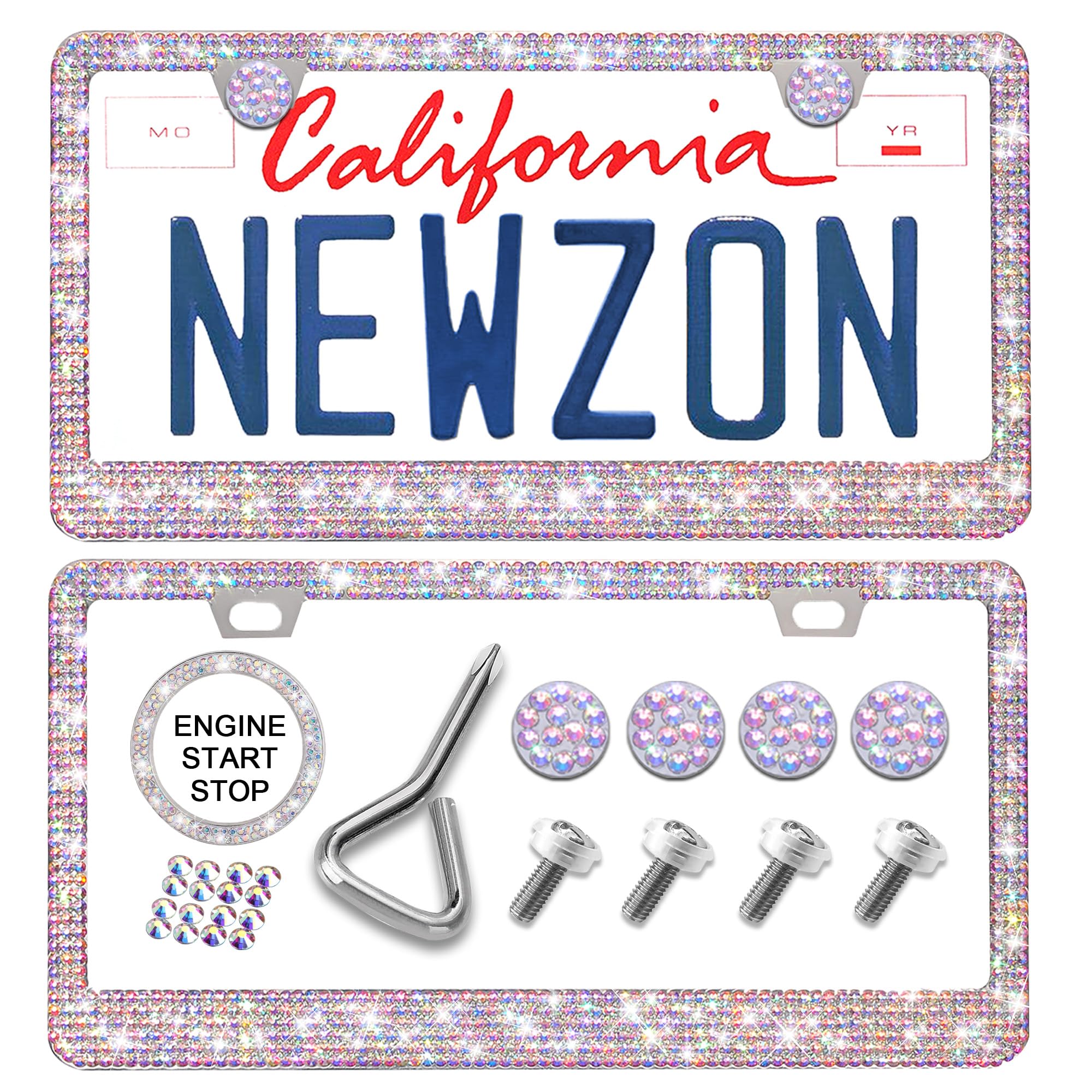 Newzon Ab Rhinestone License Plate Frame For Women, 2 Pack Sparkly Luxury Colorful Glass Diamond Car Tag Frame With Diamond Cap 