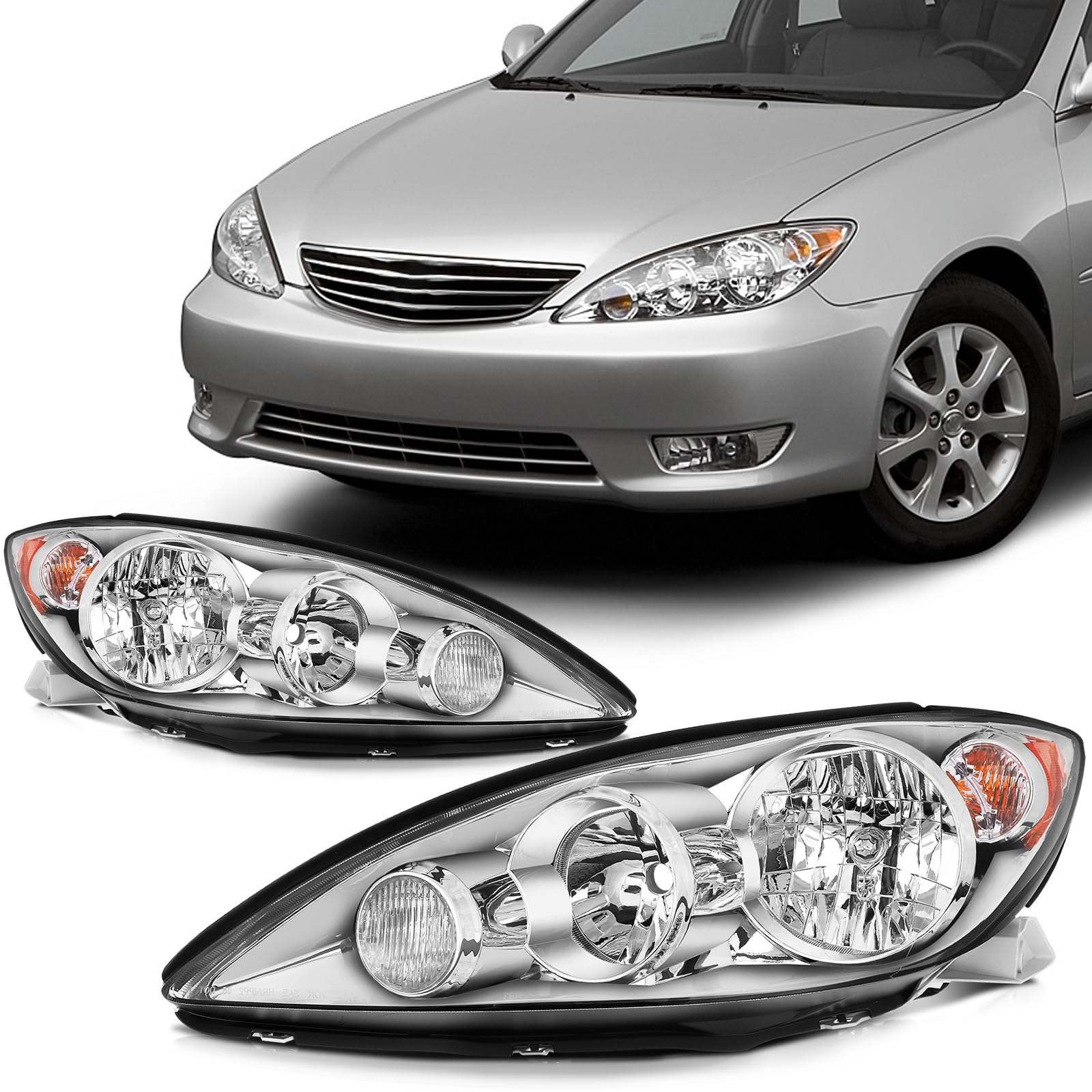 SCITOO Headlights For Toyota Camry 2005-2006 Headlamps Chrome Housing Amber Reflector Clear Lens Driver and Passenger Side