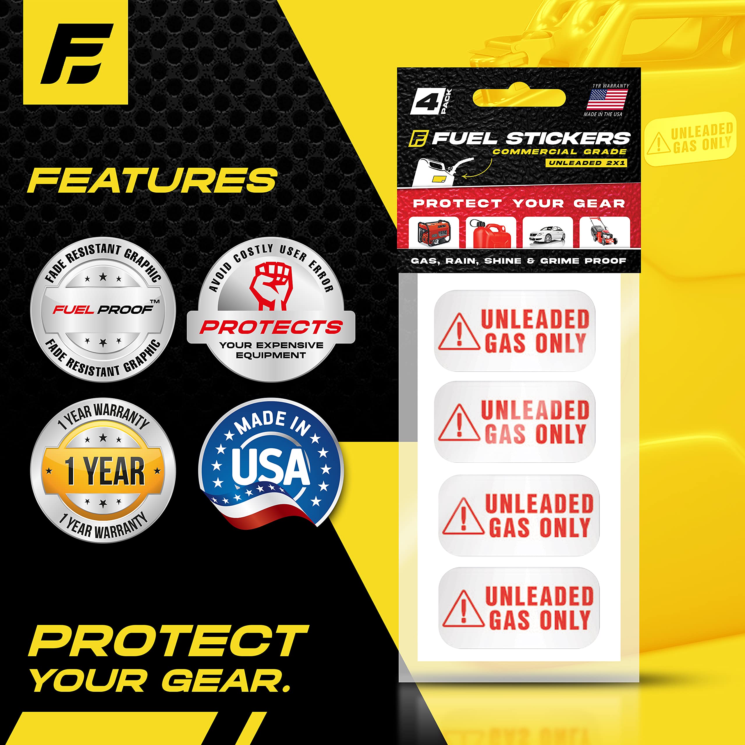 Unleaded Sticker, Unleaded Fuel Only Sticker For Fuel Cans And Outdoor Power Equipment - Weather Proof, Extreme Stick, Commercial Grade Fuel Labels By Fuel Stickers - Usa Made (2X1 Inch), 4 Labels