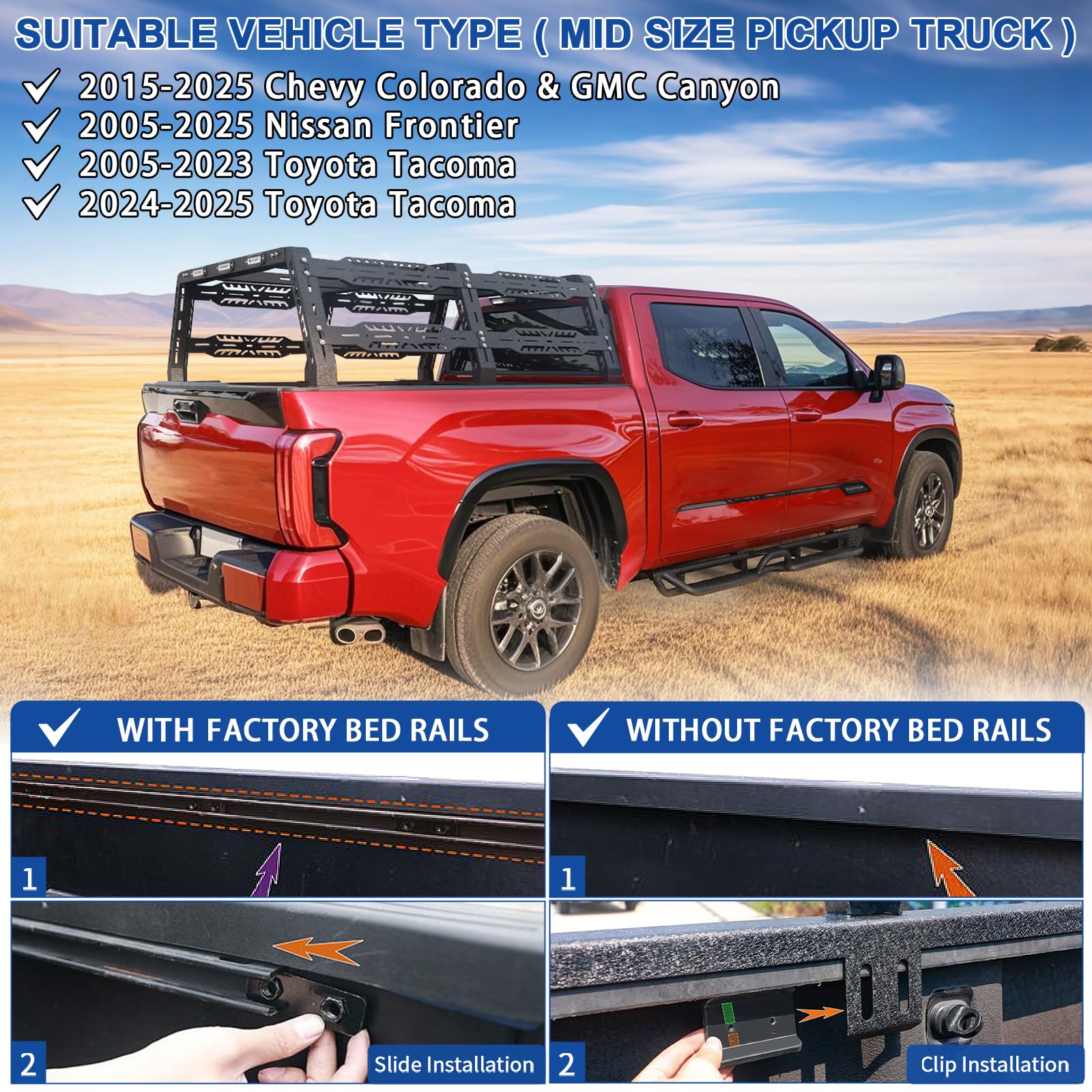 OTHOWE Bed Rack for Mid-Size Truck Compatible with Tacoma/Canyon/Colorado/Frontier Without Tonneau Bed Cover. Overland Bed Rack
