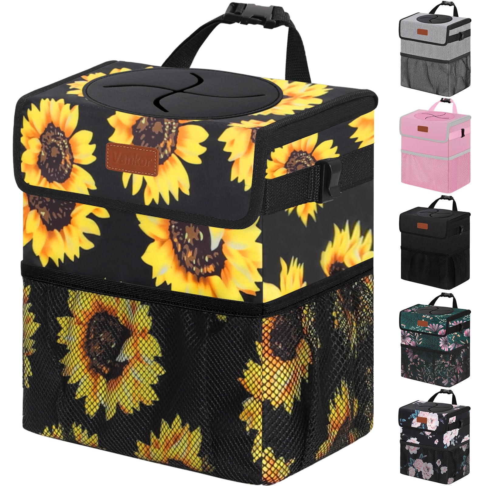 Vankor 3 Gallons Car Trash Can With Lid, Car Bag Bin Hanging Waterproof Automotive Garbage Cans Leak Proof Vehicle Trash Can Sun