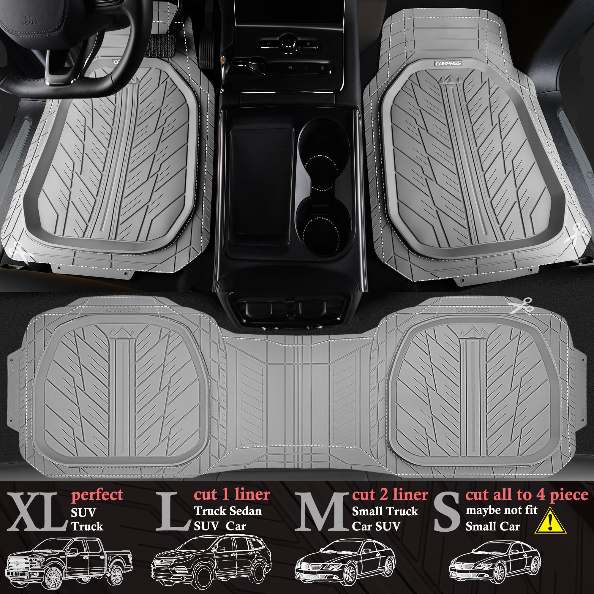 Car Pass Deep Dish Rubber Floor Mats For Cars Full Set,Heavy Duty Car Mats,Universal Waterproof Trim-To Fit Automotive Floor Mat