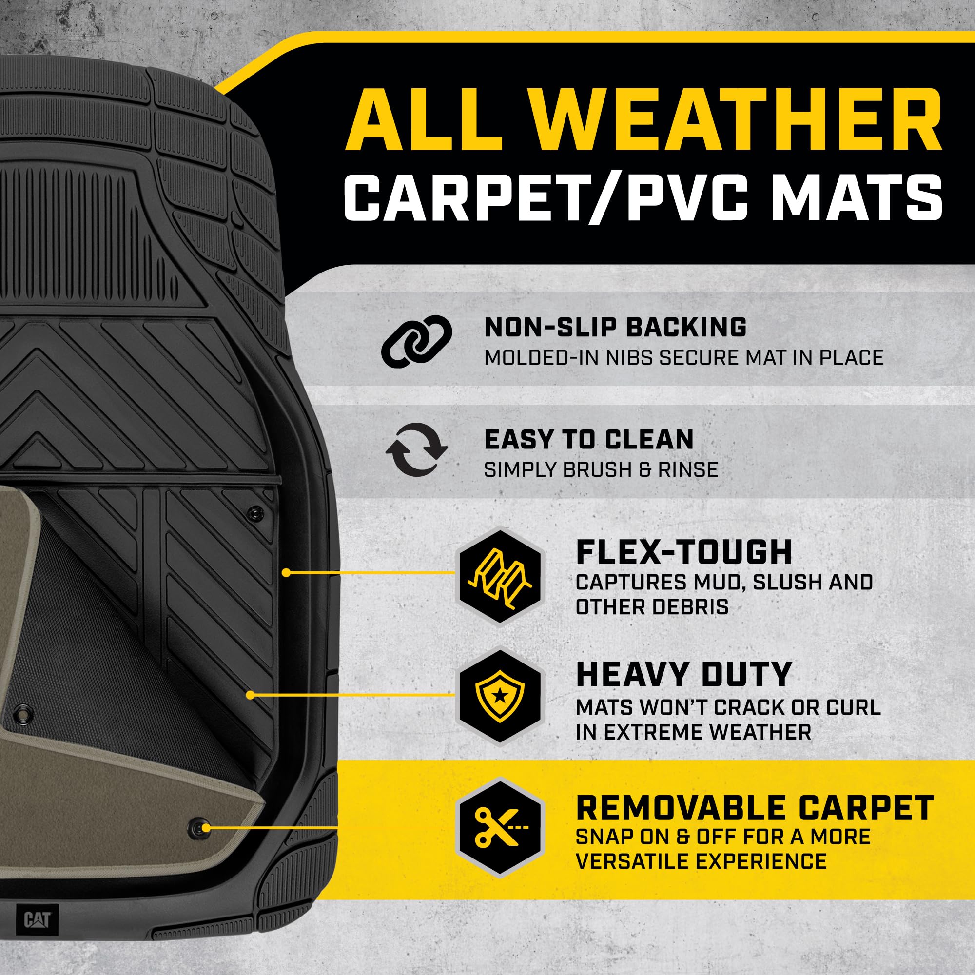 CAT Detachable Deep Dish Car Floor Mats w/ Removable Carpet Liner - Universal Fit for SUVs Trucks Sedans Washable Easy-Clean Aut