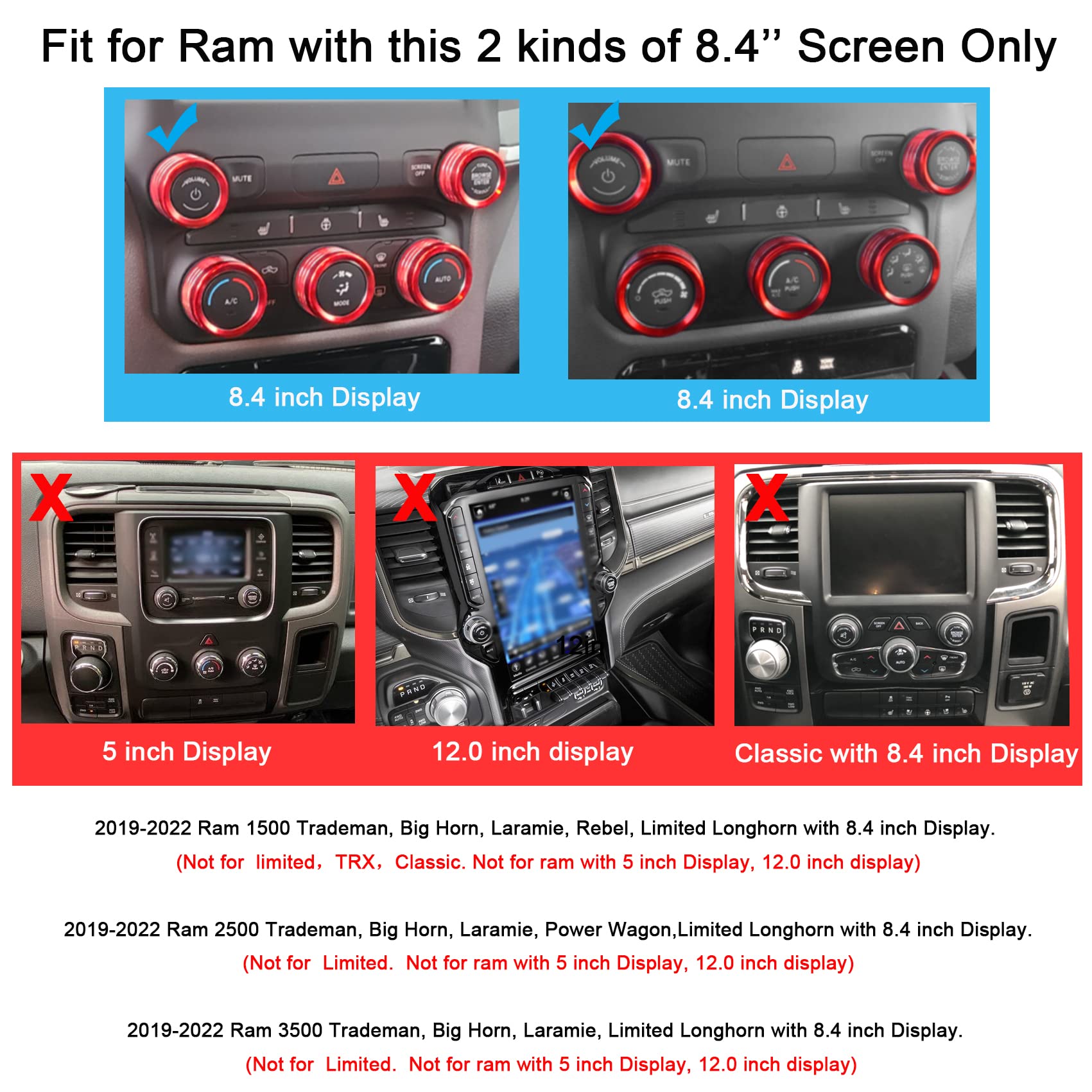 Auovo AC Knob Cover for Ram 2019 2020 2021 2022 Accessories Air Condition Switch Volume Tune Switch Knob Ring Cover 5pcs Trim(RE