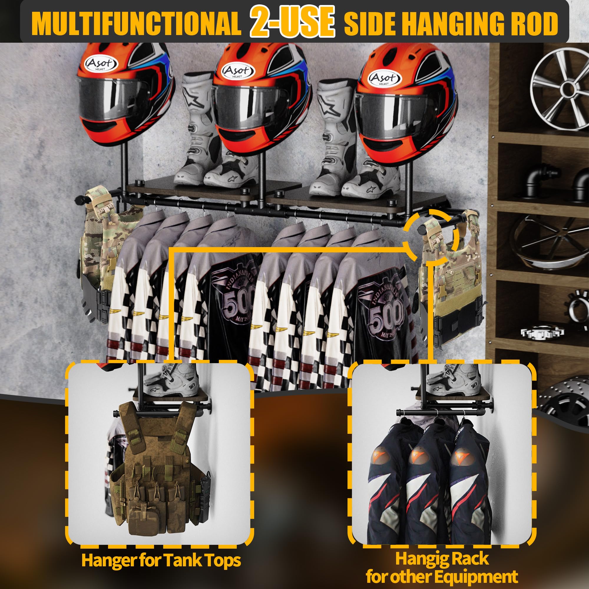 ATSKIM Double Motorcycle Helmet Holder Wall Mount, Helmet Hanger and Jacket Holder Wall Mount, Riding Gear Display Rack with 4 H