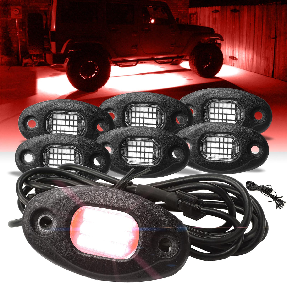 SUNPIE 6 Pods Red Rock Lights 24 Aluminium Metal UnderGlow Light with 32.8Ft Extension Wires, IP67 Waterproof Fender Lighting fo