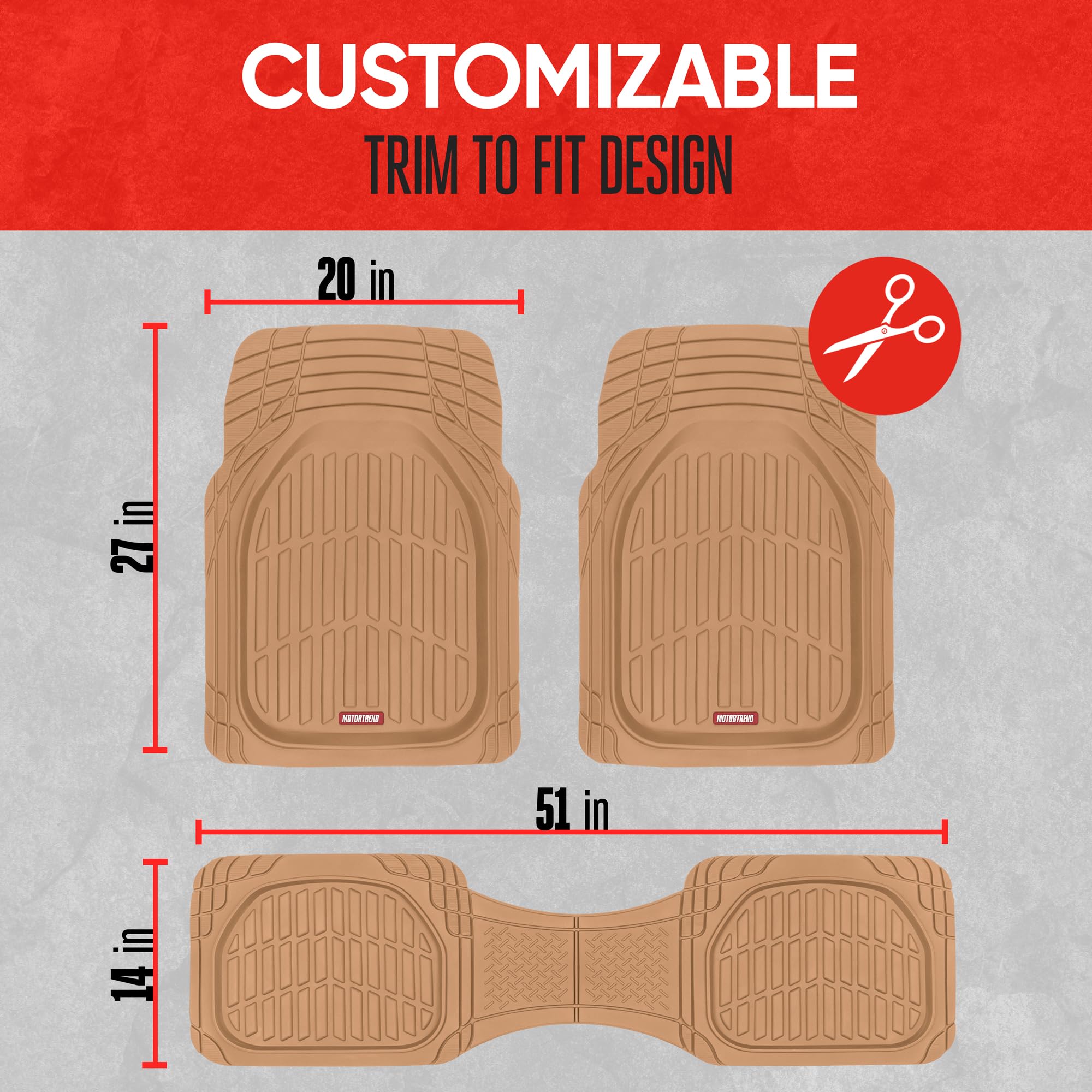 Motor Trend Original FlexTough Beige Rubber Car Floor Mats for 3 Row Vehicles, Front & Rear 2nd Row Deep Dish All Weather Automo