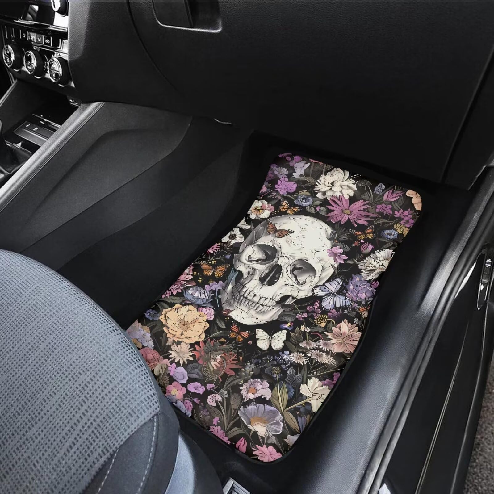 ELEQIN Flower Skull Floor Mats - Easy Clean, Heavy Duty Protection for Car, Sedan, Truck, SUV - Universal Fit