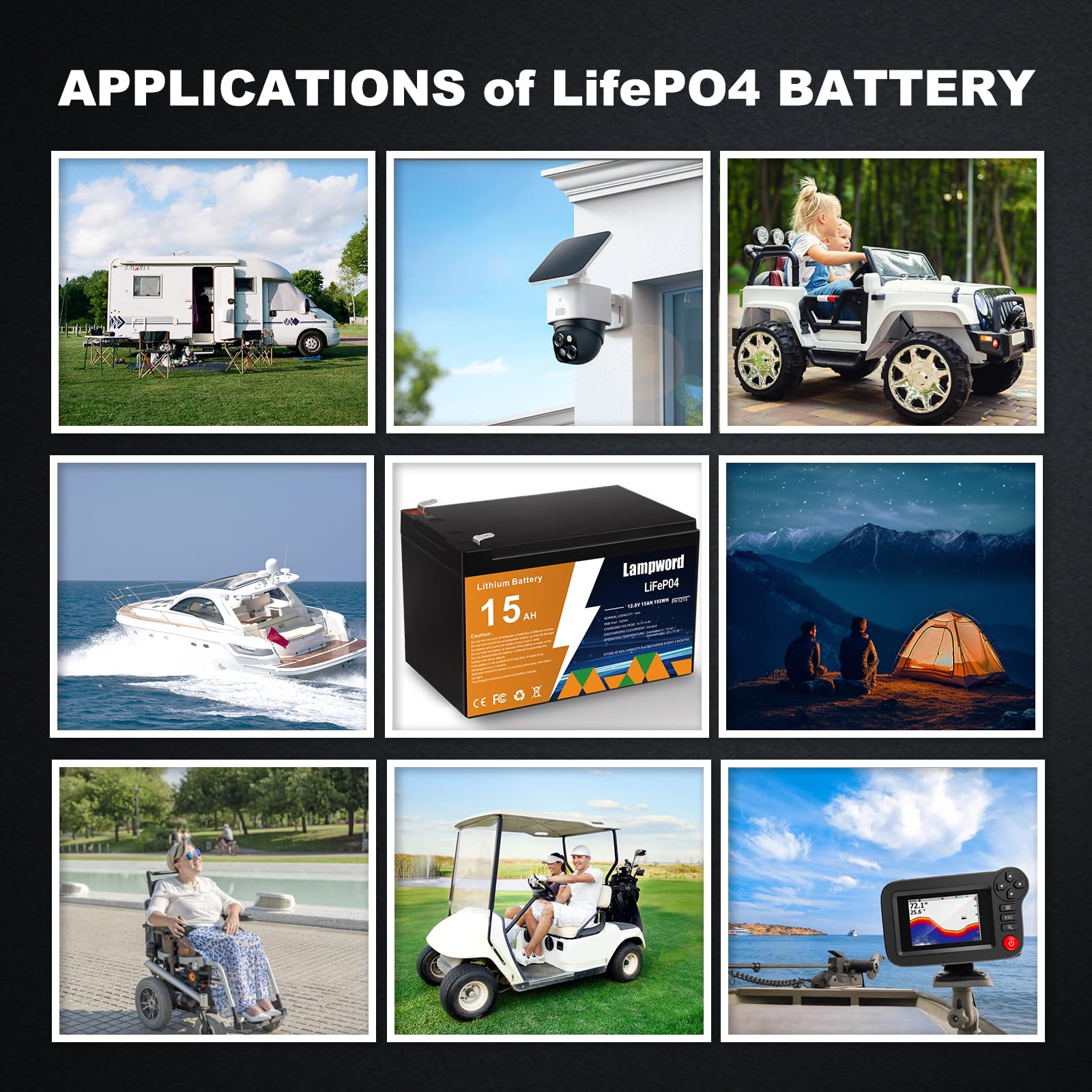 Lampword 12V 15Ah LiFePO4 Battery - Deep Cycle Rechargeable for Trolling Motor, Golf Cart, Solar Power, Model PH1215