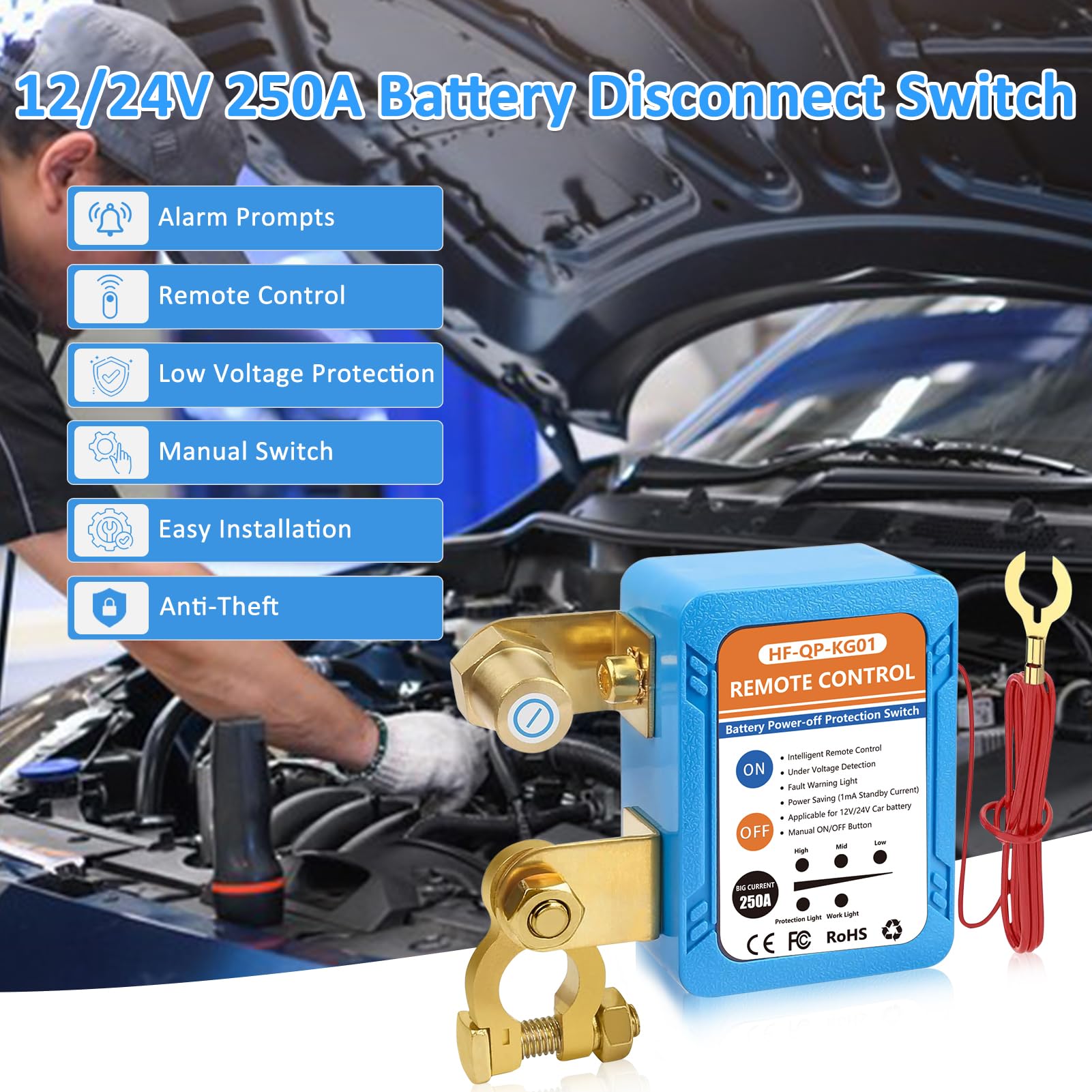 250A Kill Switch for Car, 12V/24V Remote Battery Disconnect Switch Automatic Power Shut/Cut Off Protection Smart Voltage Protect