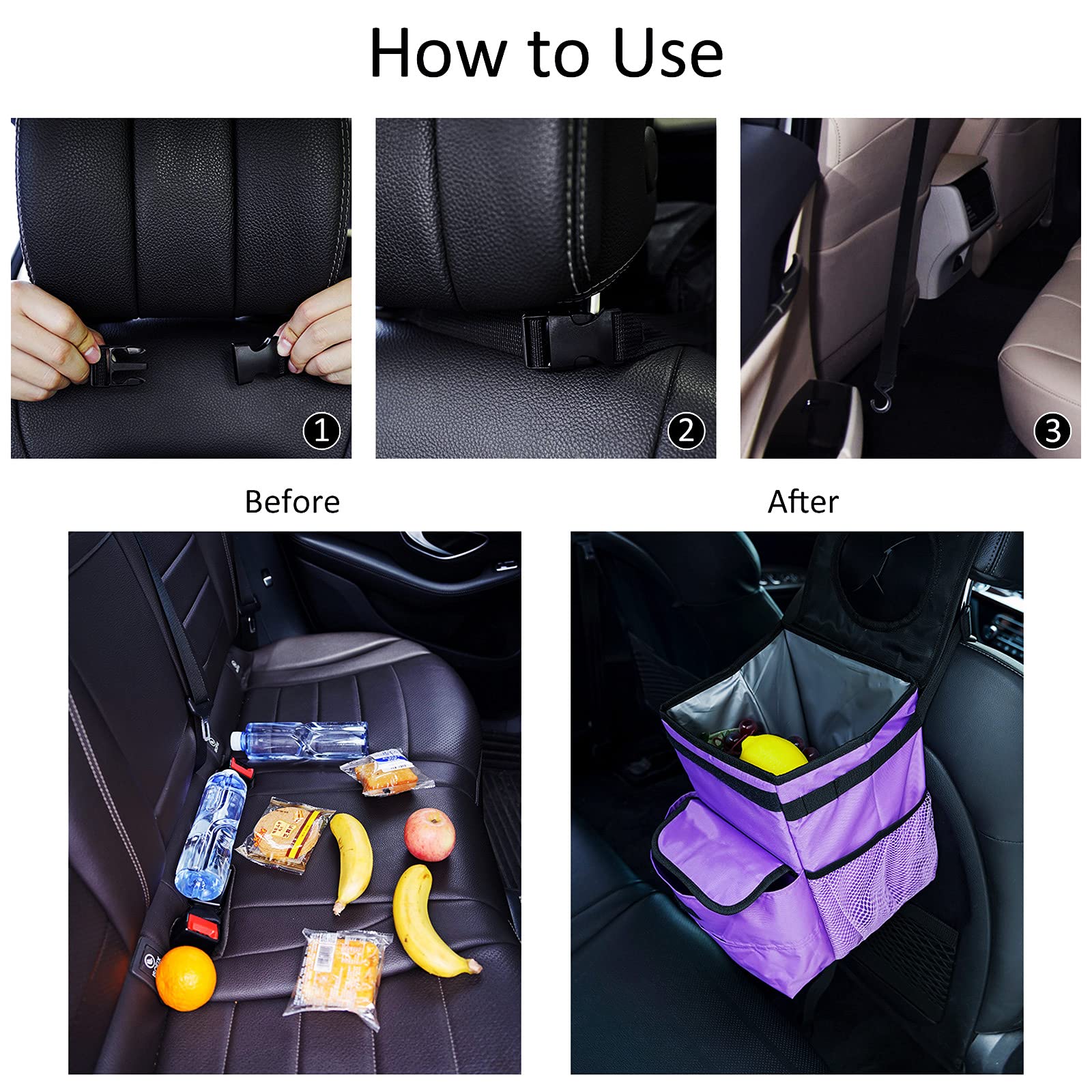 Gpusfak Car Trash Can Foldable Garbage Bin Leakproof 3 Gallons Purple