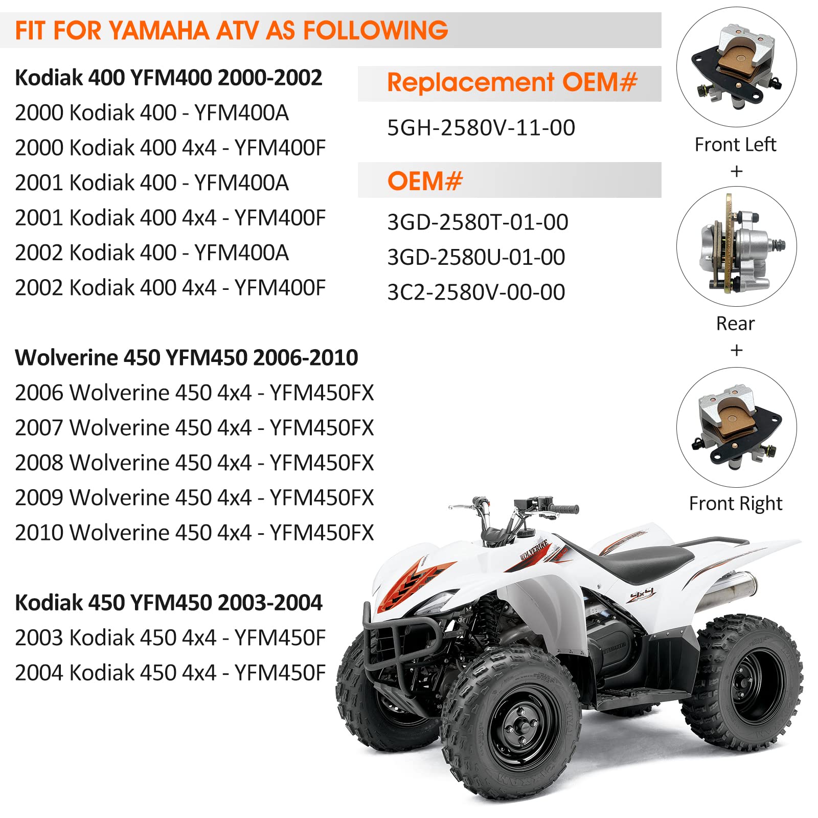 Front Left Right & Rear All Brake Calipers For Yamaha Kodiak 400 2000-2002 Kodiak 450 2003-2004 Wolverine 450 2006-2010 Yfm400 Yfm450