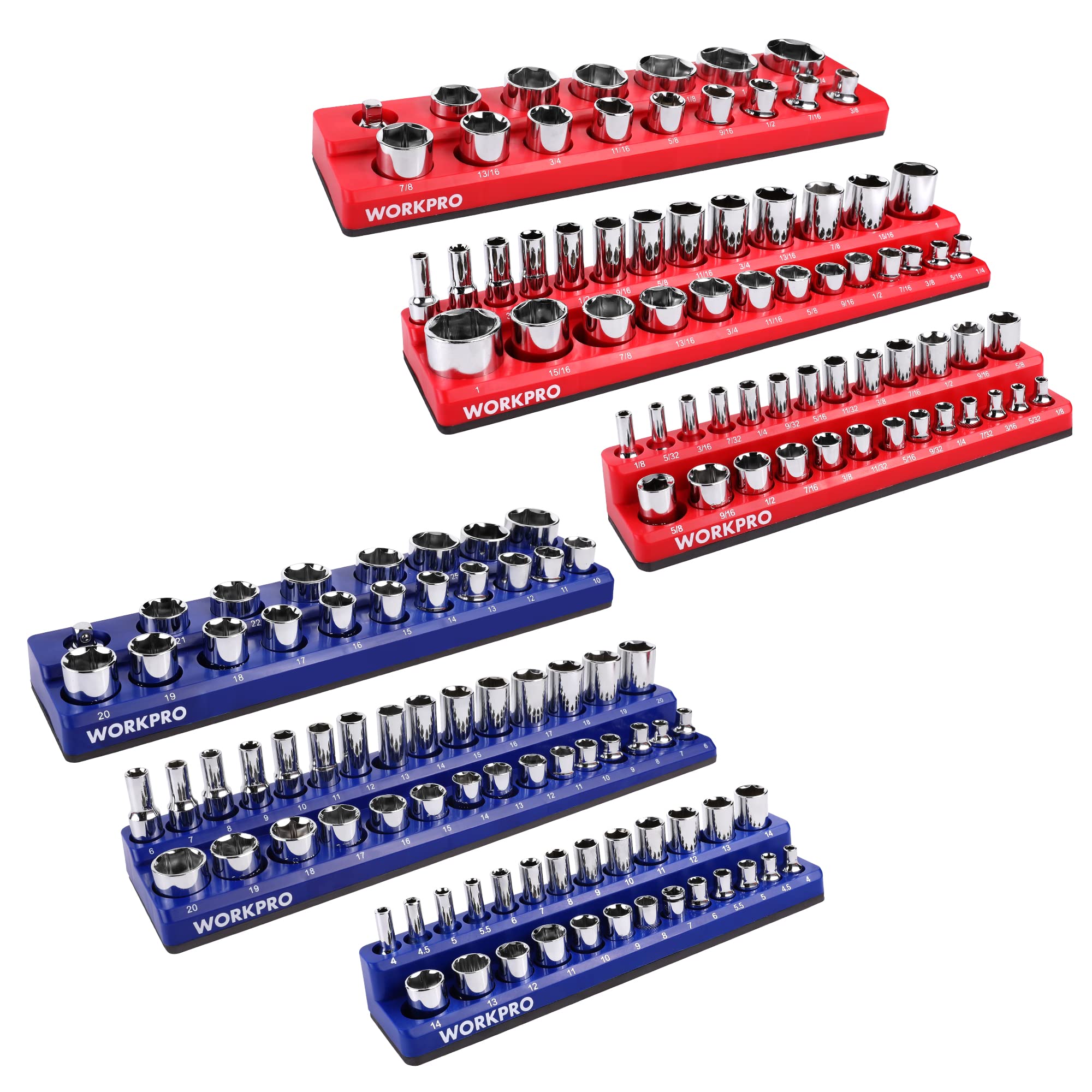 WORKPRO Magnetic Socket Organizer Set, 6-Piece Socket Holder Set Includes 1/4, 3/8, 1/2 Drive Metric SAE Socket Trays, Holds 141