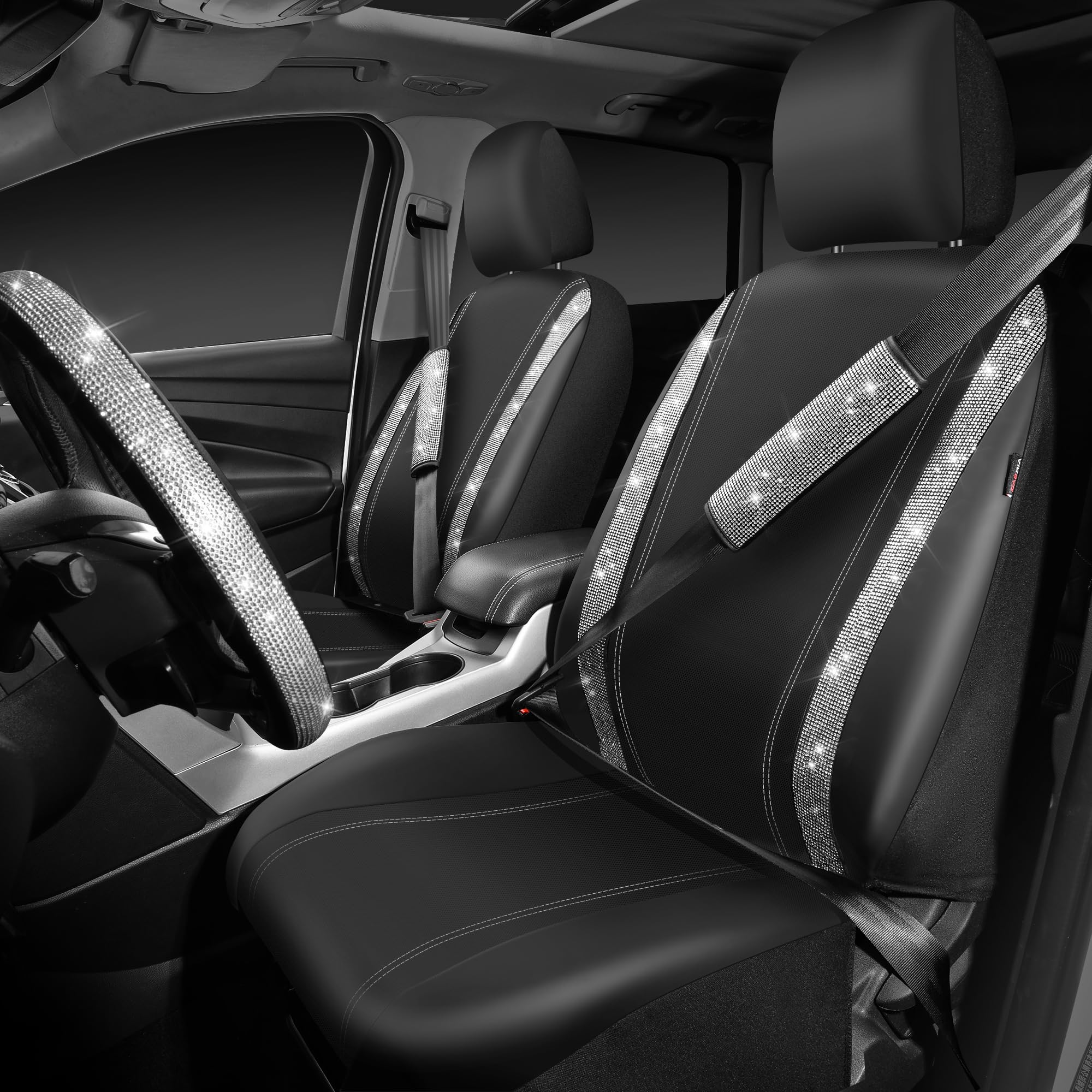 Car Pass Leather Diamond Bling Seat Covers Full Sets 16 Pcs, Bling Car Accessories Set For Women, Sparkly Rhinestone Steering Wh