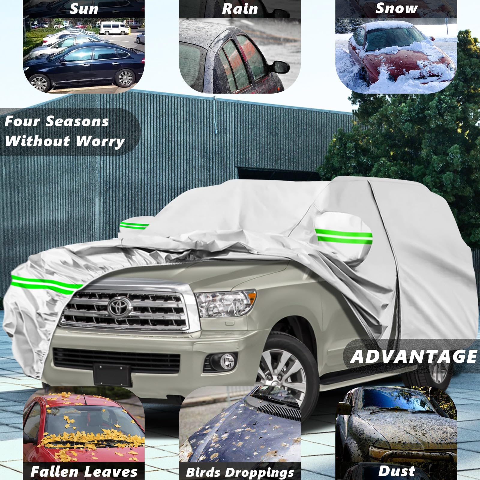 AROJAK Waterproof Car Cover Replace for Toyota Sequoia 2001-2023,190T All Weather Car Covers with Zipper Door,Windproof Bands fo
