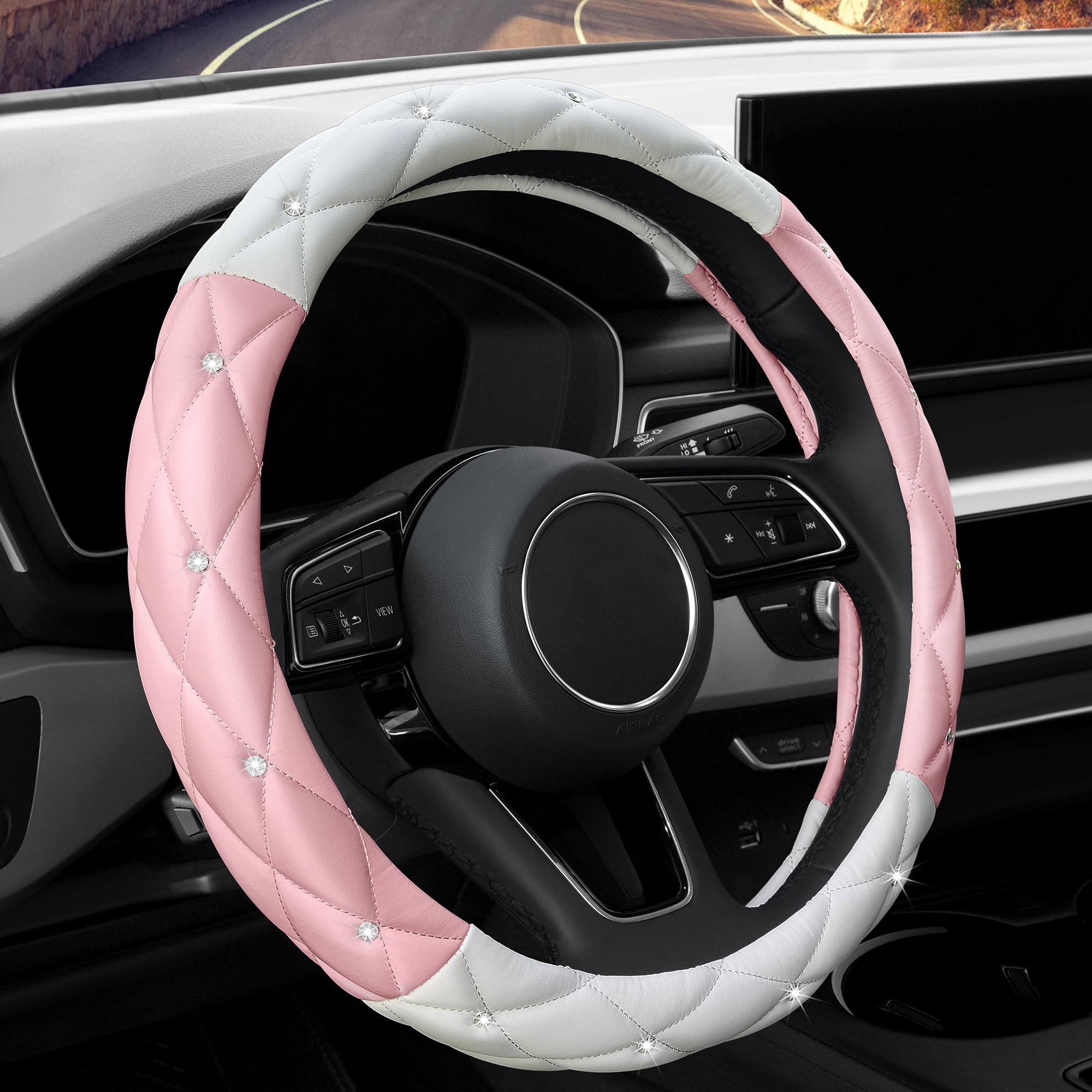 Yogurtck Cute Diamond Soft Leather Steering Wheel Cover With Bling Bling Crystal Rhinestones, Universal 15 Inch For Women Girls,