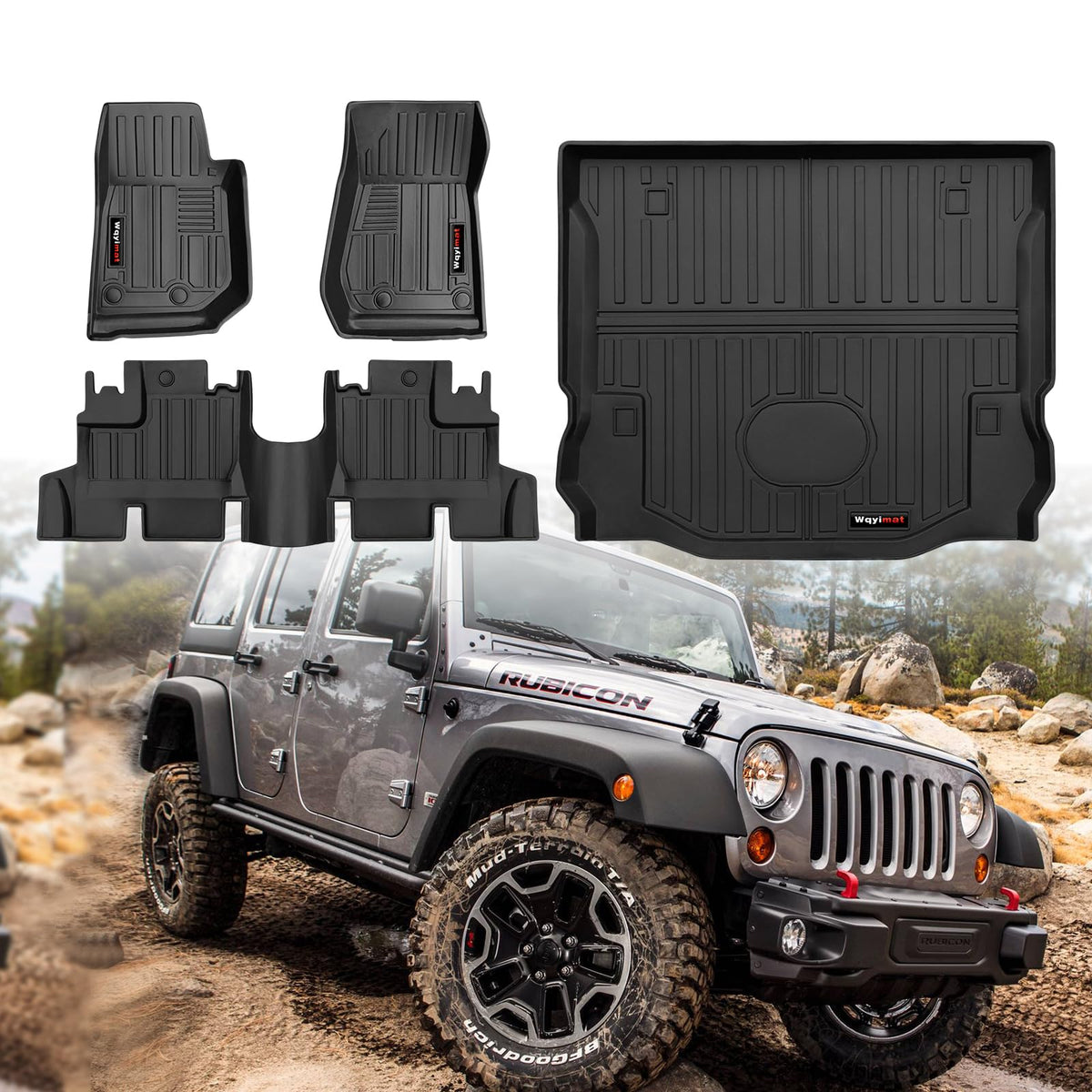 Wqyimat for 2007-2018 Jeep Wrangler JK 4 Door Floor Mats and Trunk Cargo Liner,All Weather Protection TPE Rubber Car Floor Liner