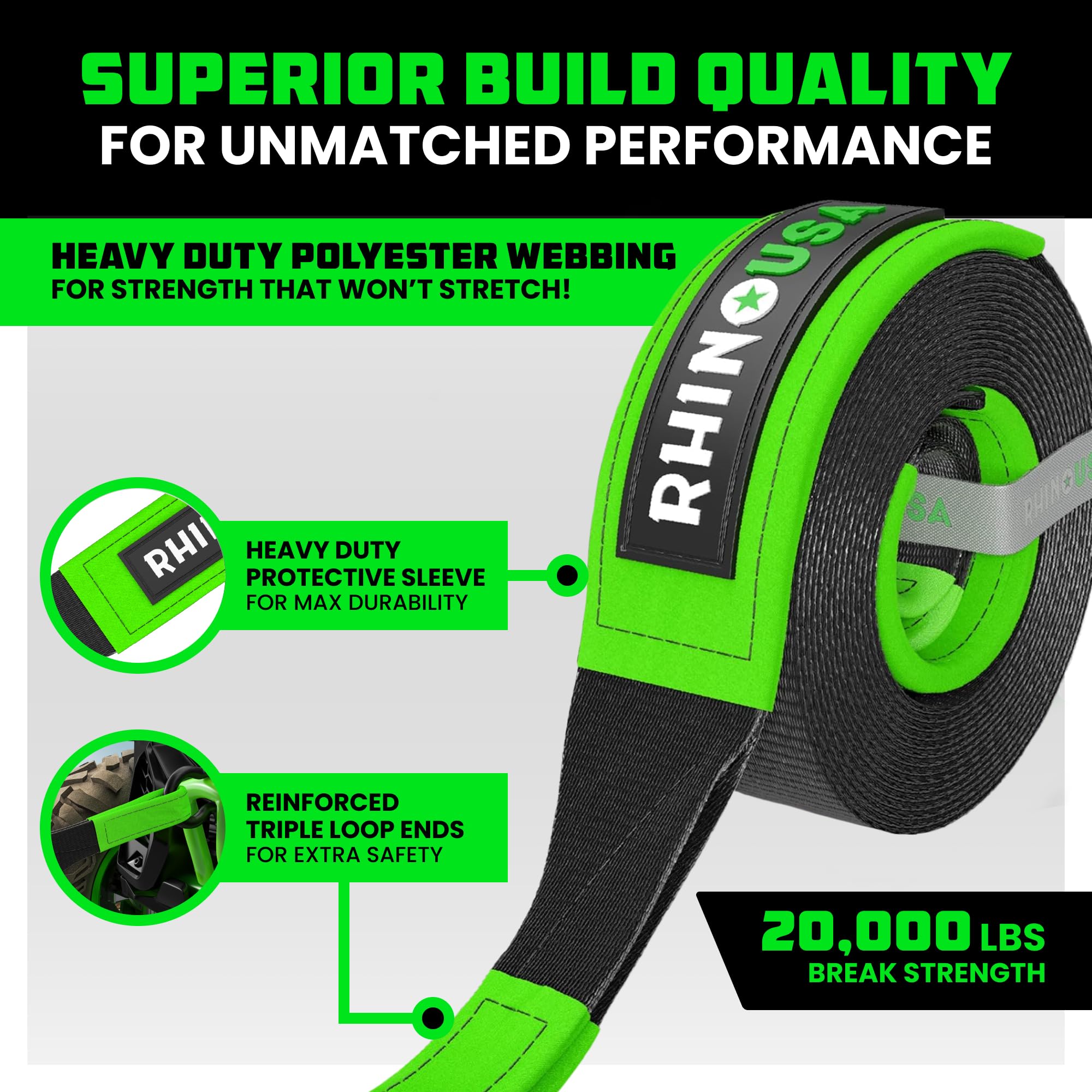 Rhino Usa Recovery Tow Strap (2'' X 20') - 20,024Lb Break Strength - Emergency Recovery Strap Tow Rope For Utv, Atv & More - Hea