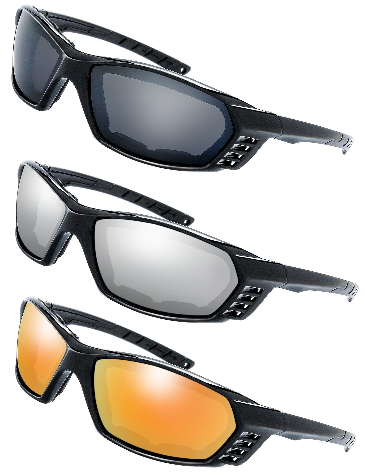 The Fresh 3 Pairs Motorcycle Riding Glasses Padded Frame Lens Block 100% UVB for Outdoor Activity Sport (11-Shiny Black, Grey, S