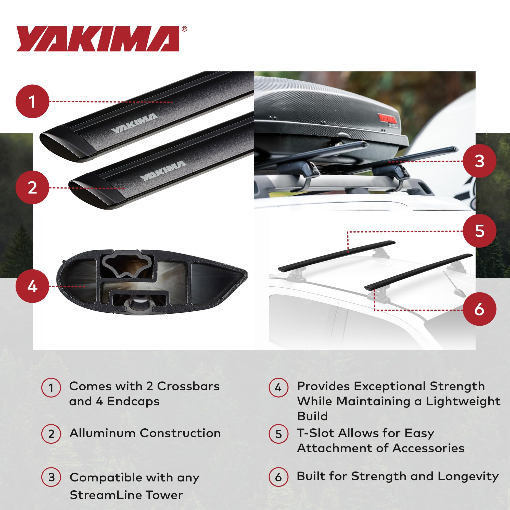 Yakima Set Of 2 Roof Rack Crossbars, Rooftop Car, Suv, Or Truck T-Slot Bars Compatible With Streamline Tower - Bars Only, 50 Inc
