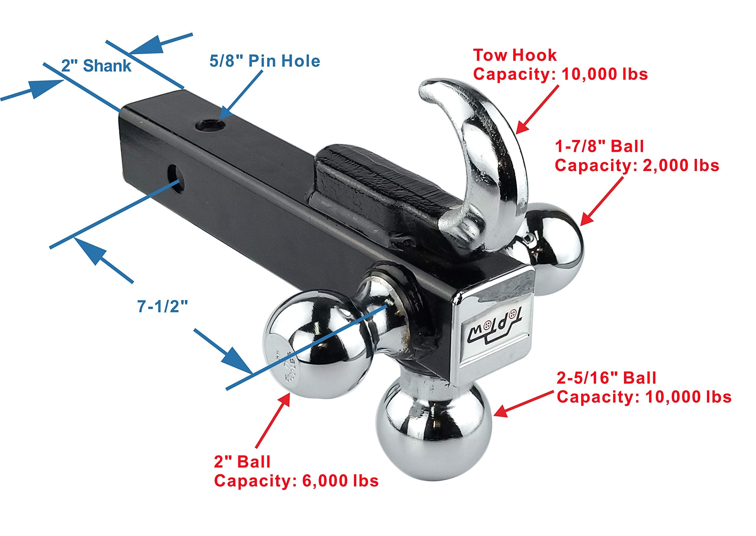Toptow 64180L Trailer Receiver Hitch Triple Ball Mount With Hook, Fits For 2 Inch Receiver, Chrome Balls, 2 Inch Shank, With 5/8 Inch Lock