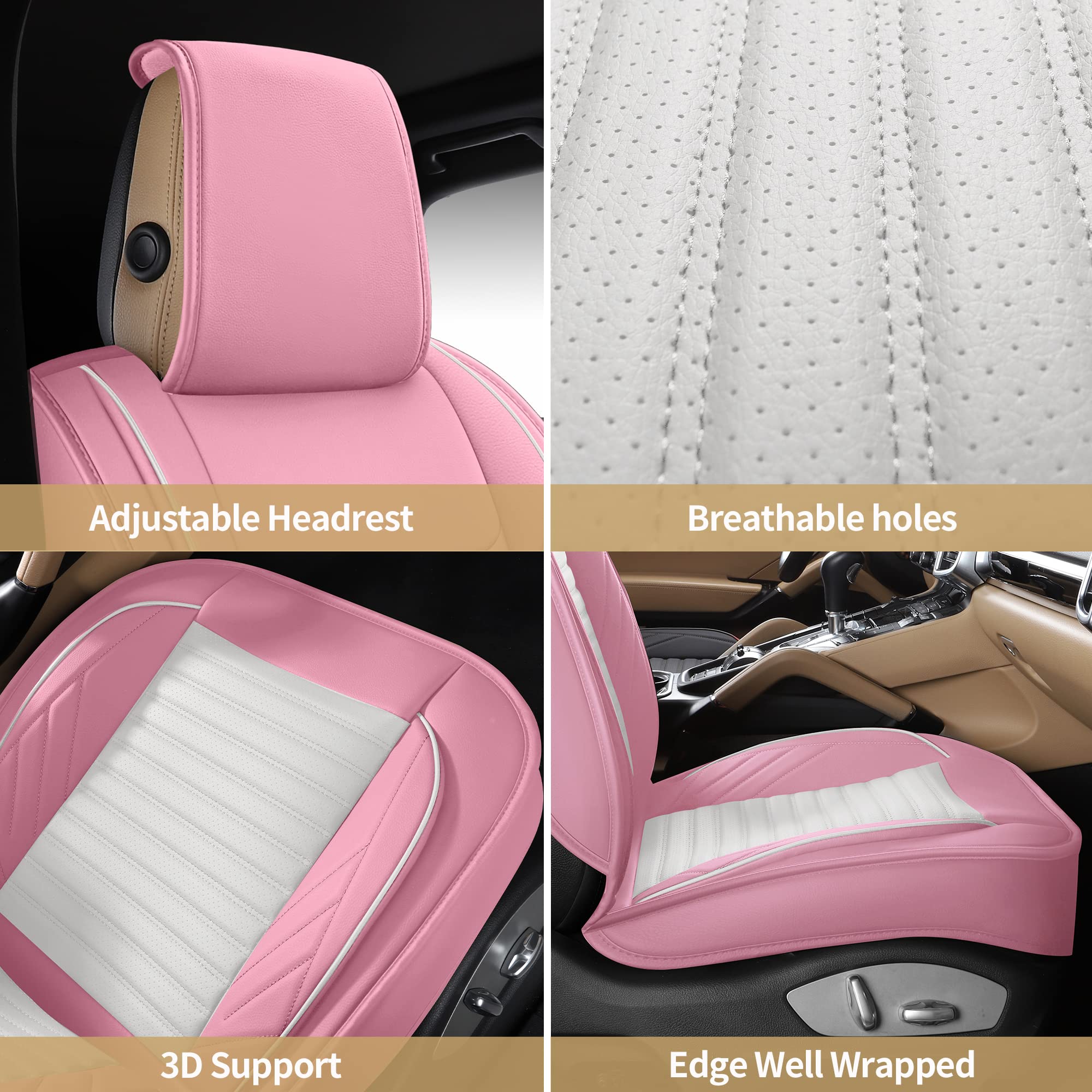 Aoog Pink Leather Car Seat Covers, Leatherette Automotive Seat Cover For Cars Suv Pick-Up Truck, Universal Non-Slip Car Seat Cover Waterproof Protectors Interior Accessories, Front Pair