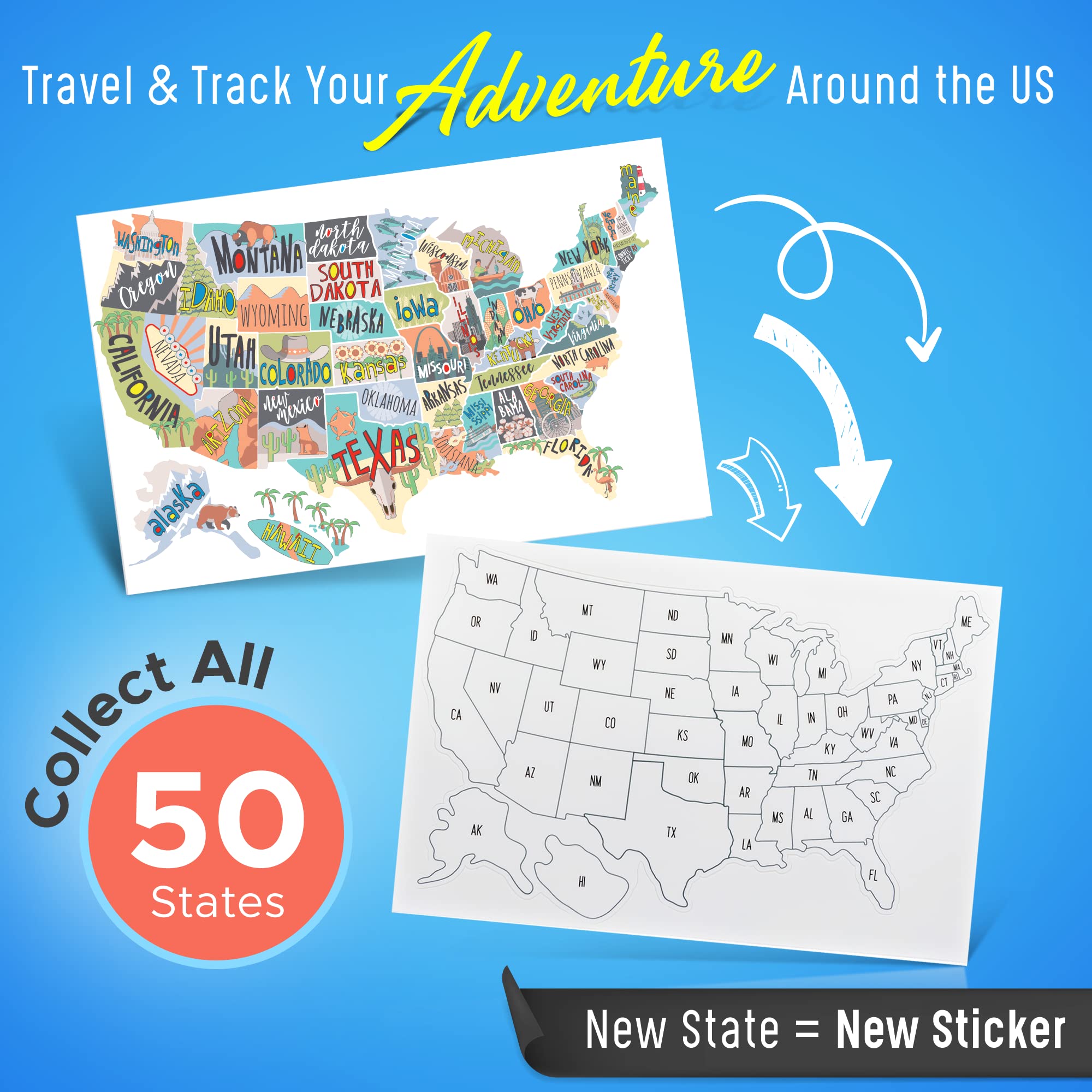 Fairwinds Designs RV State Sticker Travel Map | 50 States Vinyl Decal Bumper Sticker for RVs & Campers | USA States Stickers