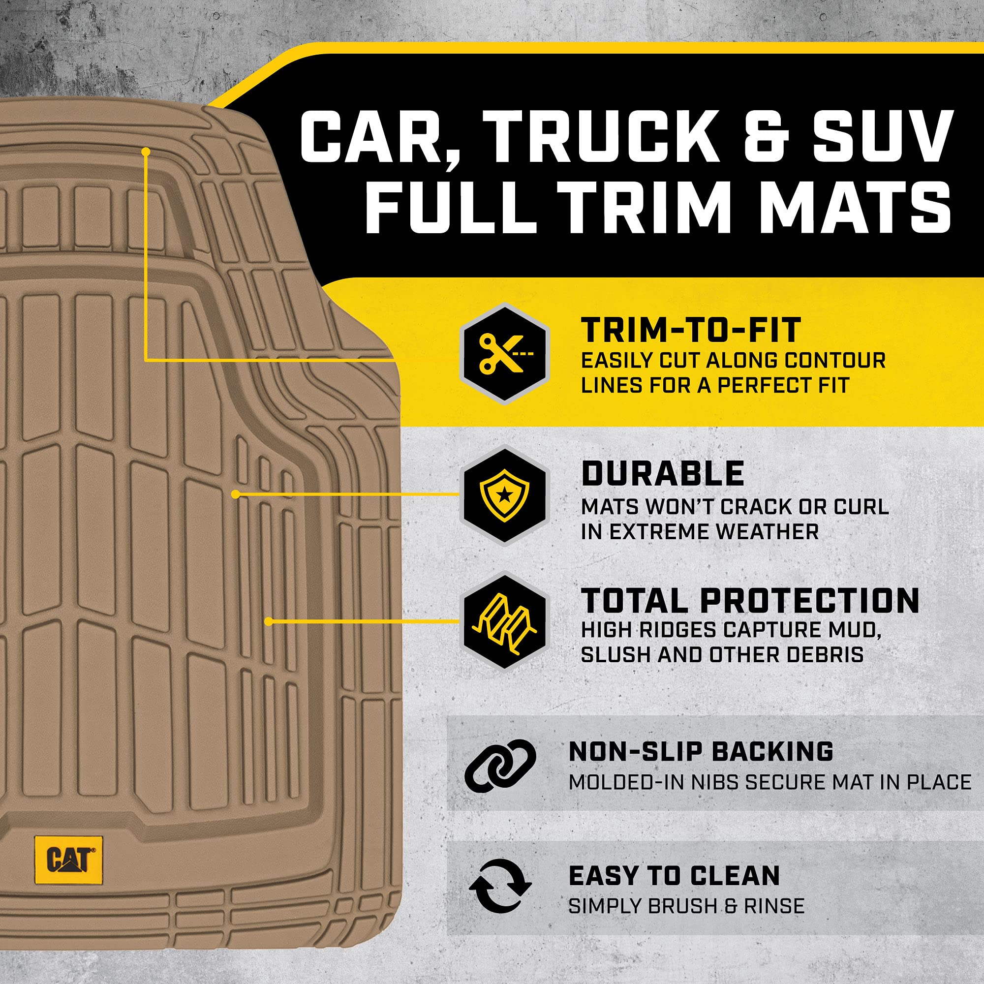 CAT ToughRide Heavy-Duty 4 Piece Rubber All Season Floor Mats for Car Truck Van SUV, Beige - Premium Trim to Fit Car Floor Mat,
