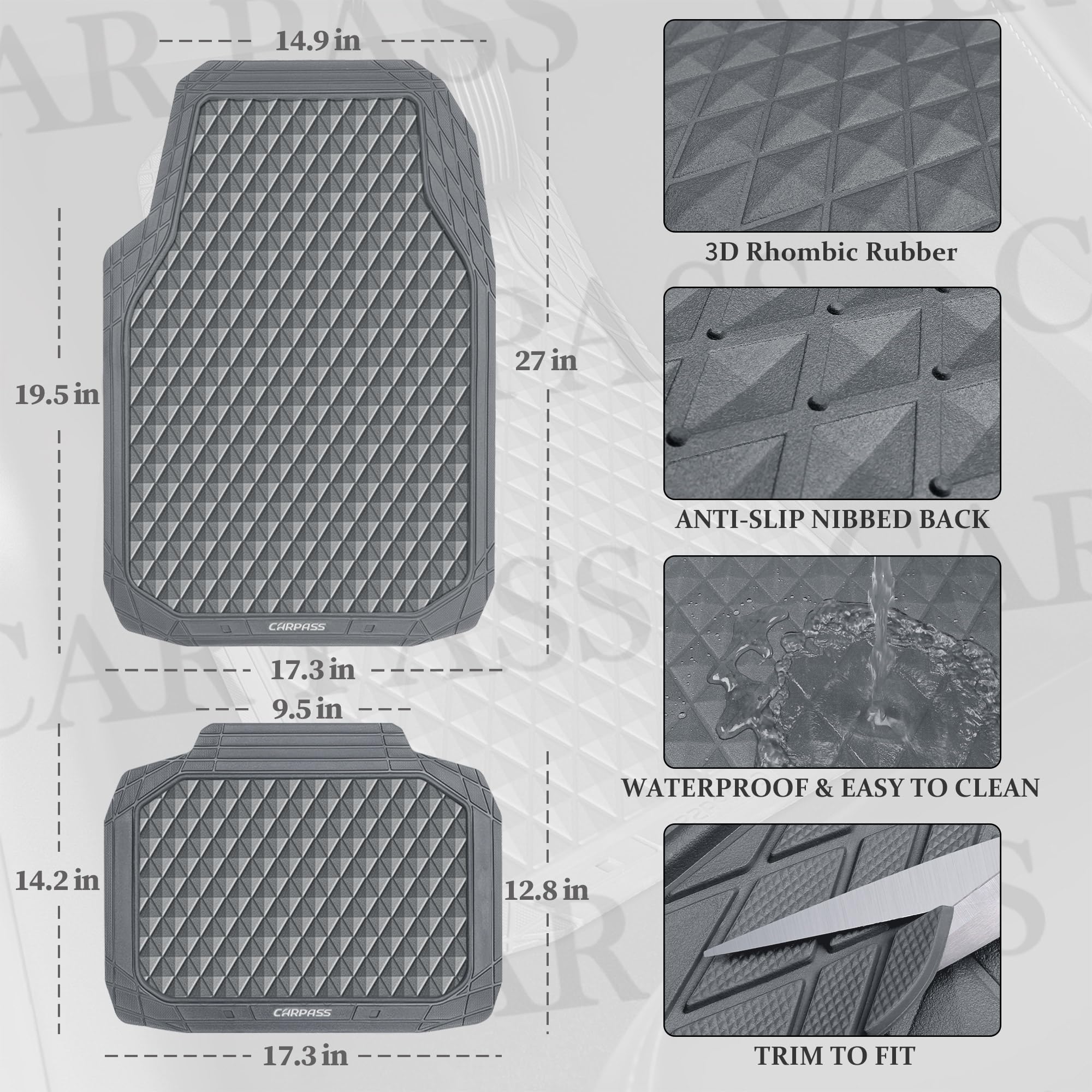 CAR PASS Gray Rubber Car Mats, All-Weather Floor Mats Full Set Durable Anti-Slip 3D Rhombus Waterproof Automotive Pad Trim to Fi