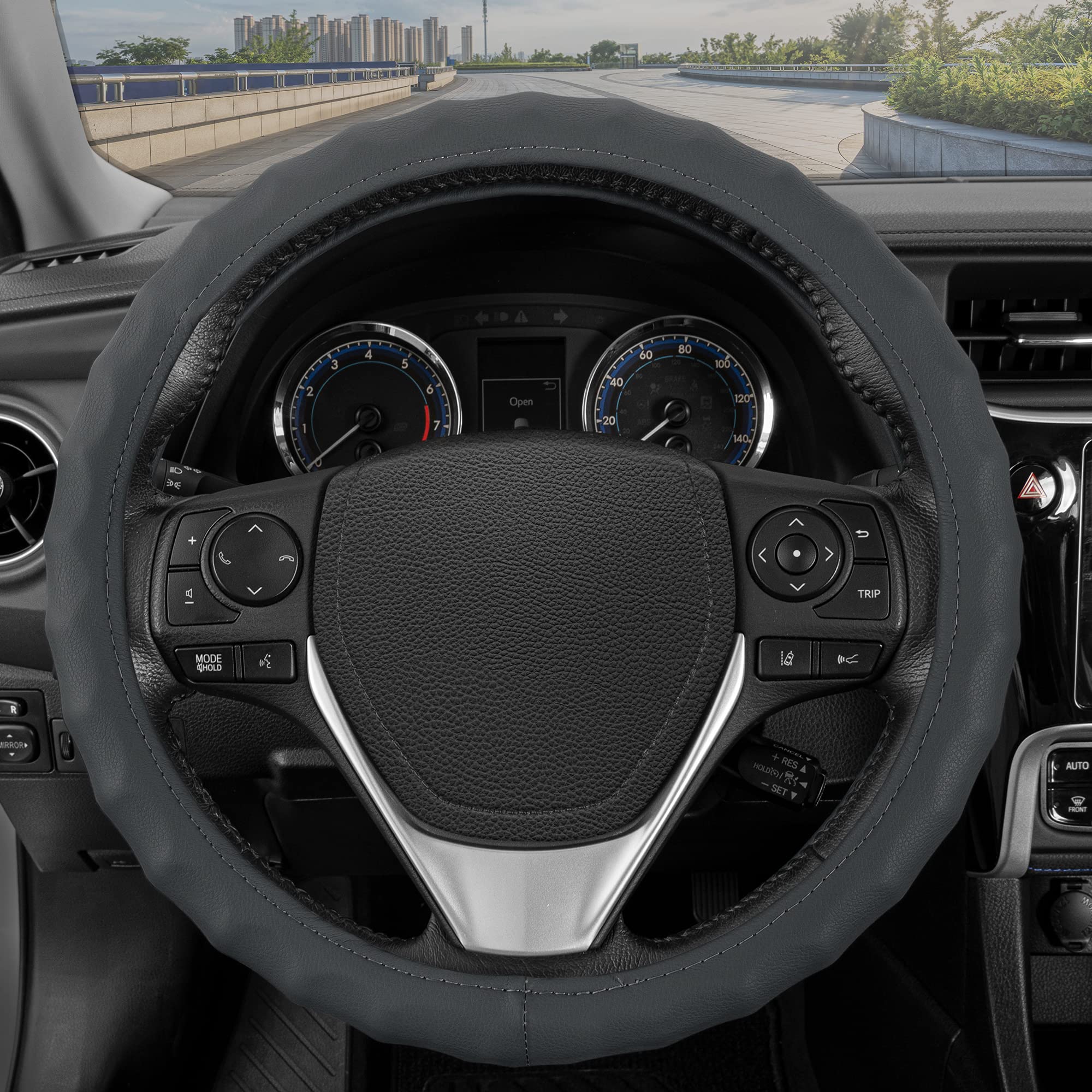 BDK Genuine Gray Leather Steering Wheel Cover for Car, Medium (14.5 - 15.5) - Ergonomic Comfort Grip for Men & Women, Universal 