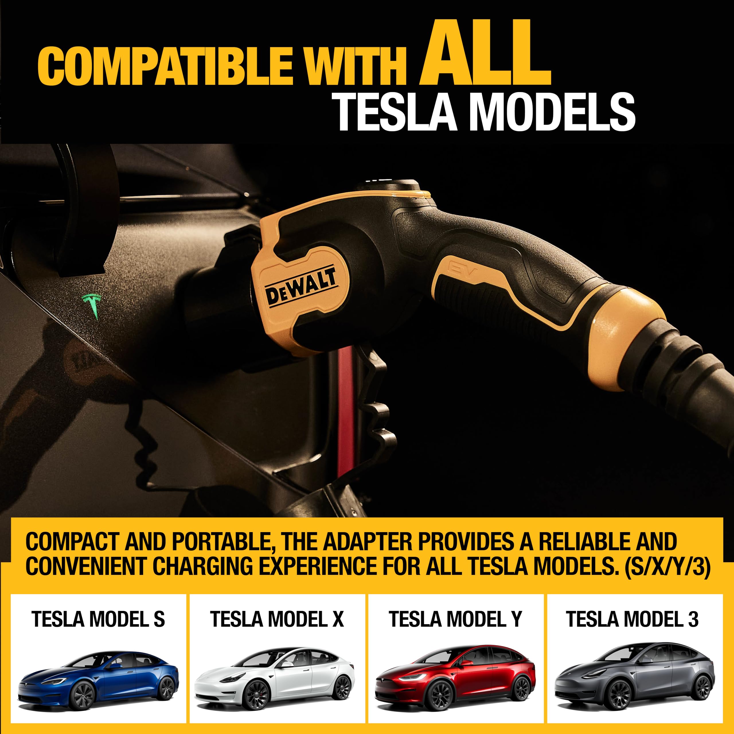 DEWALT SAE J1772 to Tesla EV Charging Adapter, Compatible with All Tesla Electric Vehicles, High Power Connector 60A/250V, Easy
