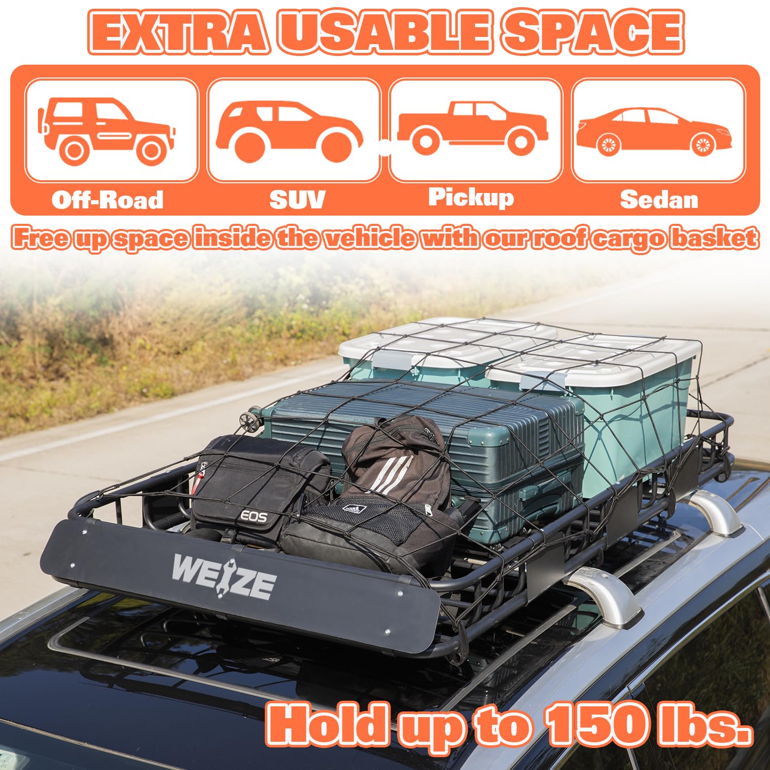 Weize Heavy Duty 64''X 39'' Roof Rack, Rooftop Cargo Carrier Basket With Waterproof Bag, Tie Down Strap & Net, Car Top Luggage H