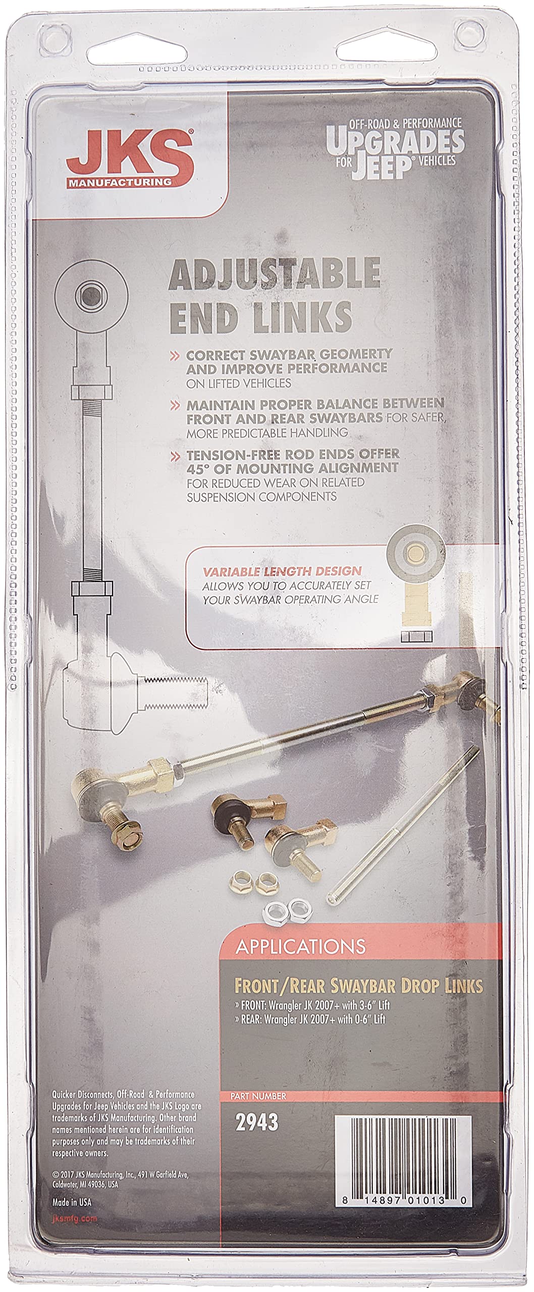 JKS MFG. JKS 2943 Rear Adjustable Swaybar End Link Kit for Jeep JK