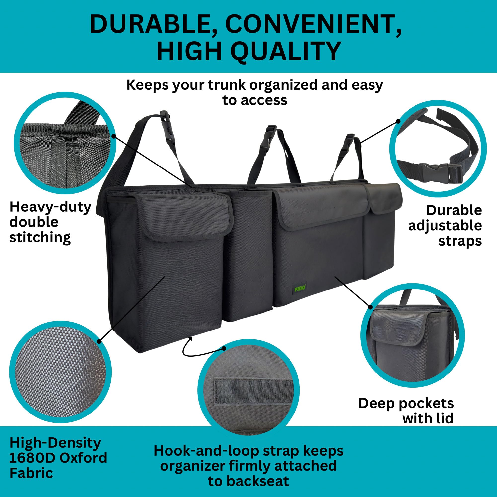 Pido Car Trunk Organizer, Backseat Hanging Organizer With 4 Large Pockets, Trunk Storage Bag For Suv, Truck, Mpv, Jeep, Car Inte