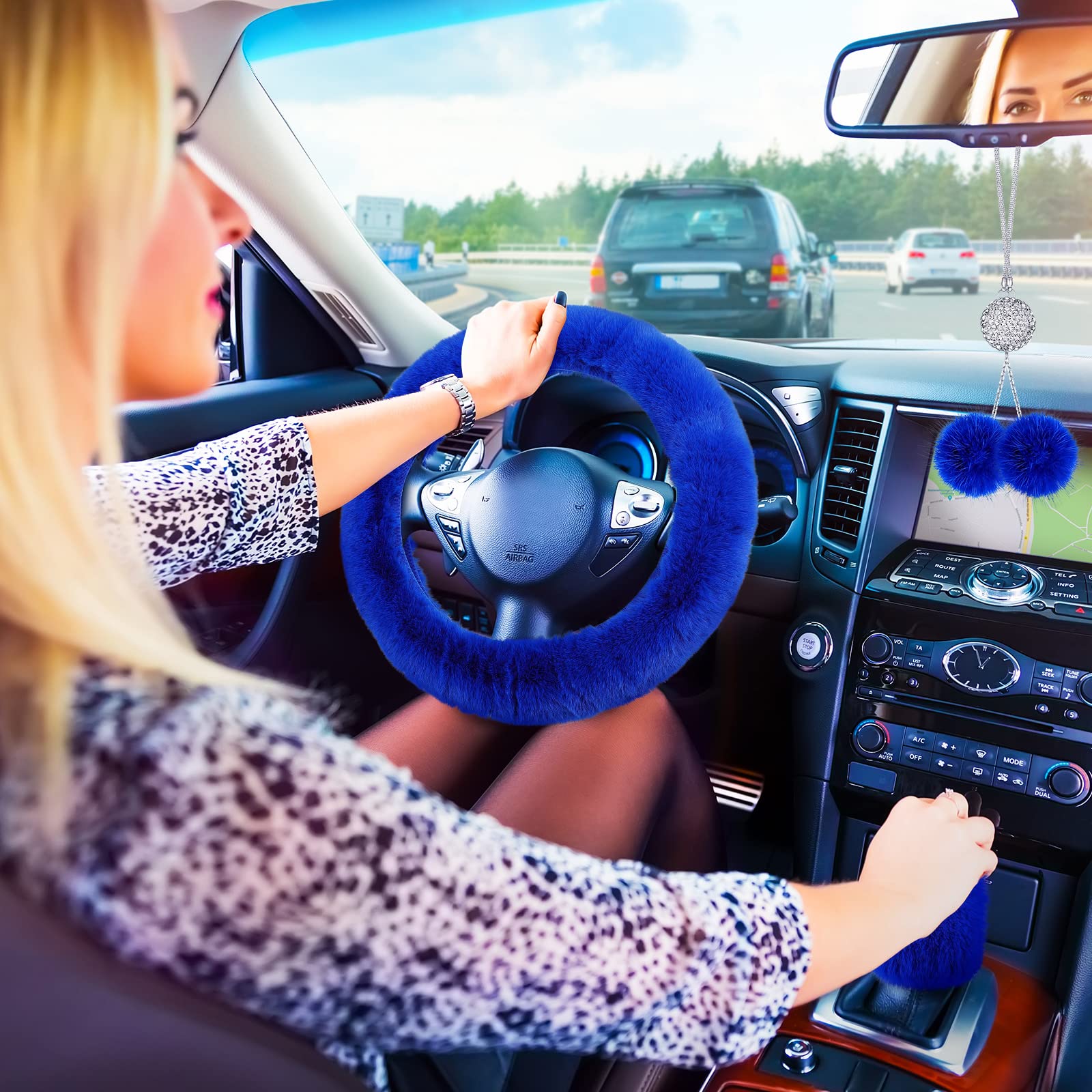 Frienda 6 Pieces Fluffy Car Accessories Set Bling Fluffy Steering Wheel Cover Soft Fuzz Handbrake Gear Shift Cover Bling Mirror