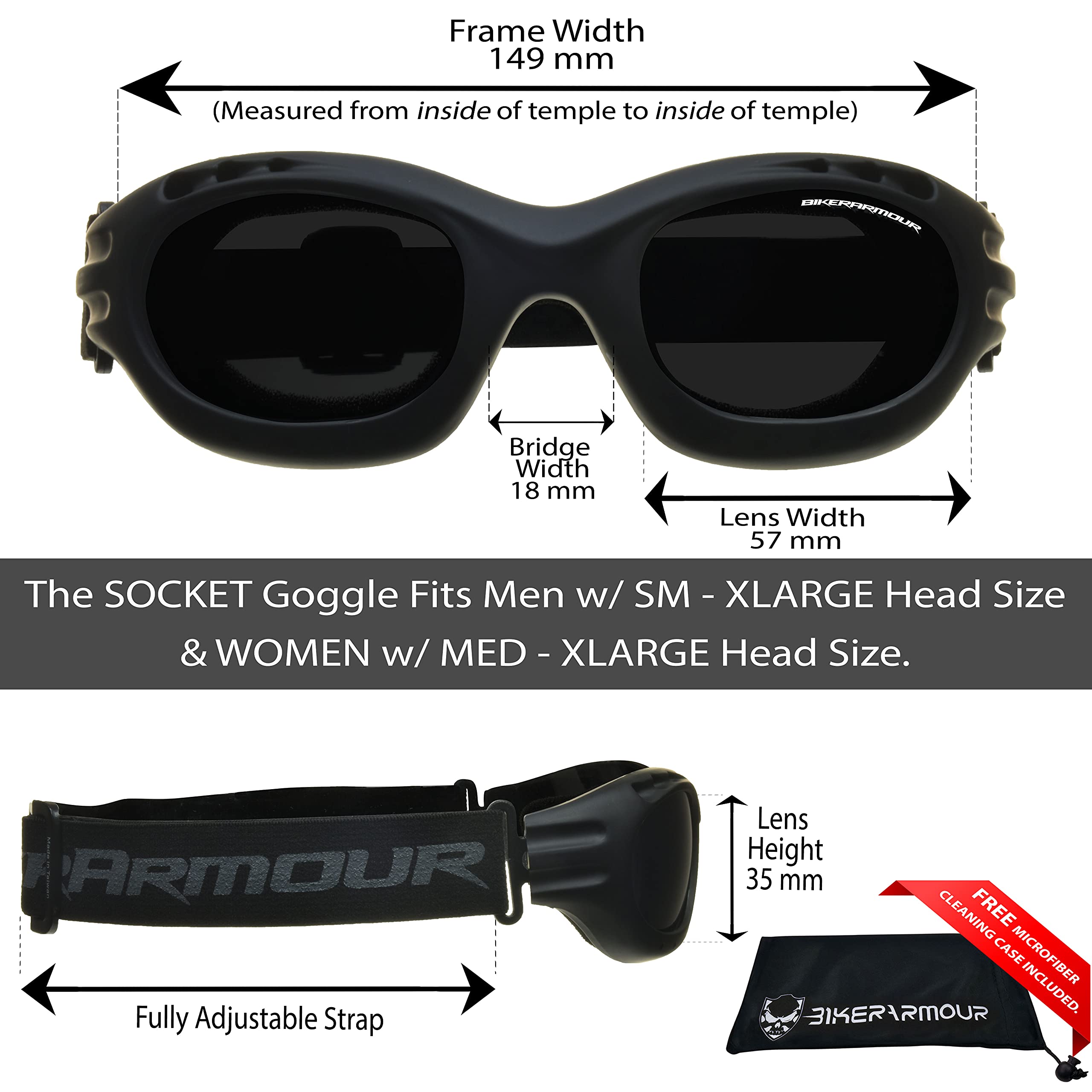 Bikershades Motorcycle Goggles Sunglasses Smoke & Clear Foam Cushion Adjustable Strap Ski Sky Diving