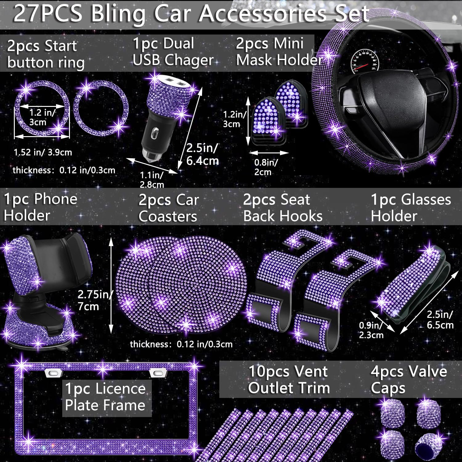 Nbtepem 27 Pcs Purple Violet Bling Car Accessories Set For Women, Bling Steering Wheel Covers Universal Fit 15 Inch, Bling Licen