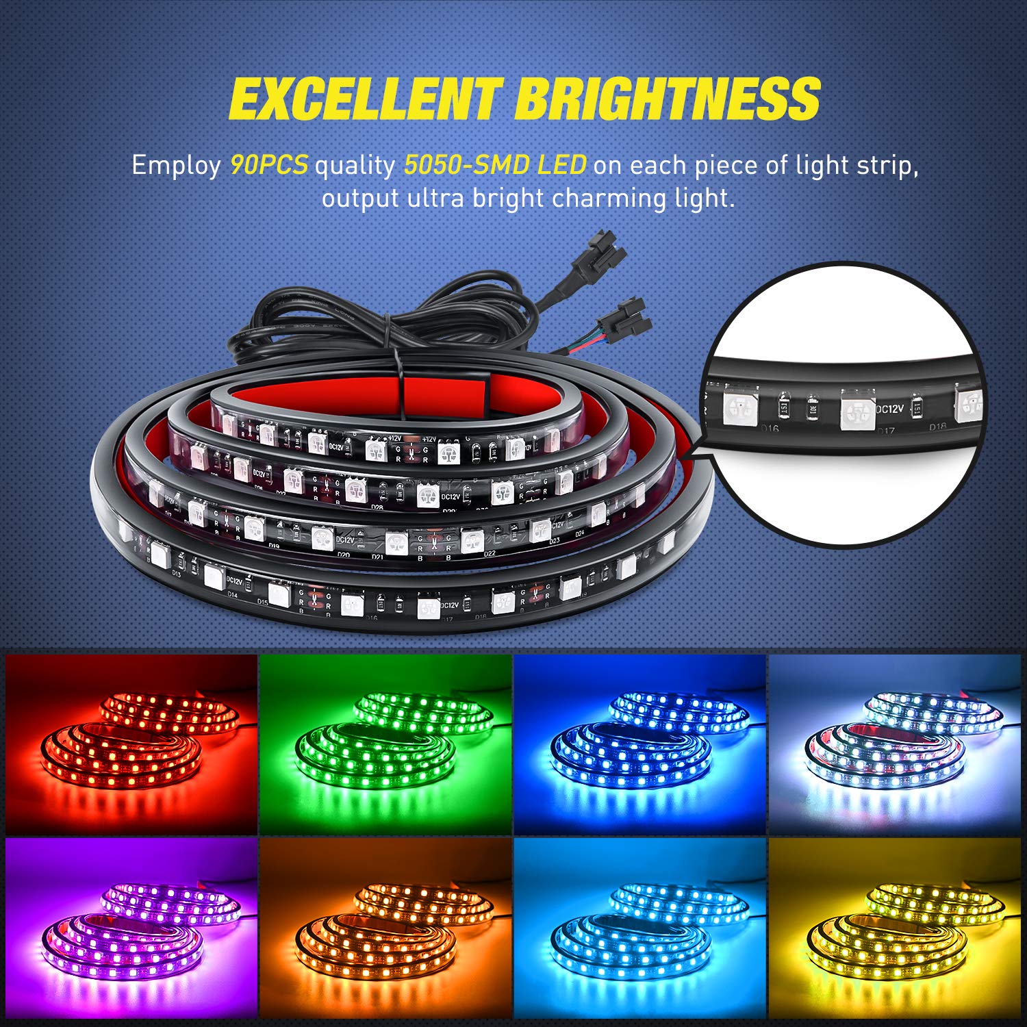 Nilight - Tl-31 2Pcs 60Inch Rgb Truck Bed Light Strip Kit 180 Led Rf Remote Control With On Off Switch Blade Fuse 2Way Splitter