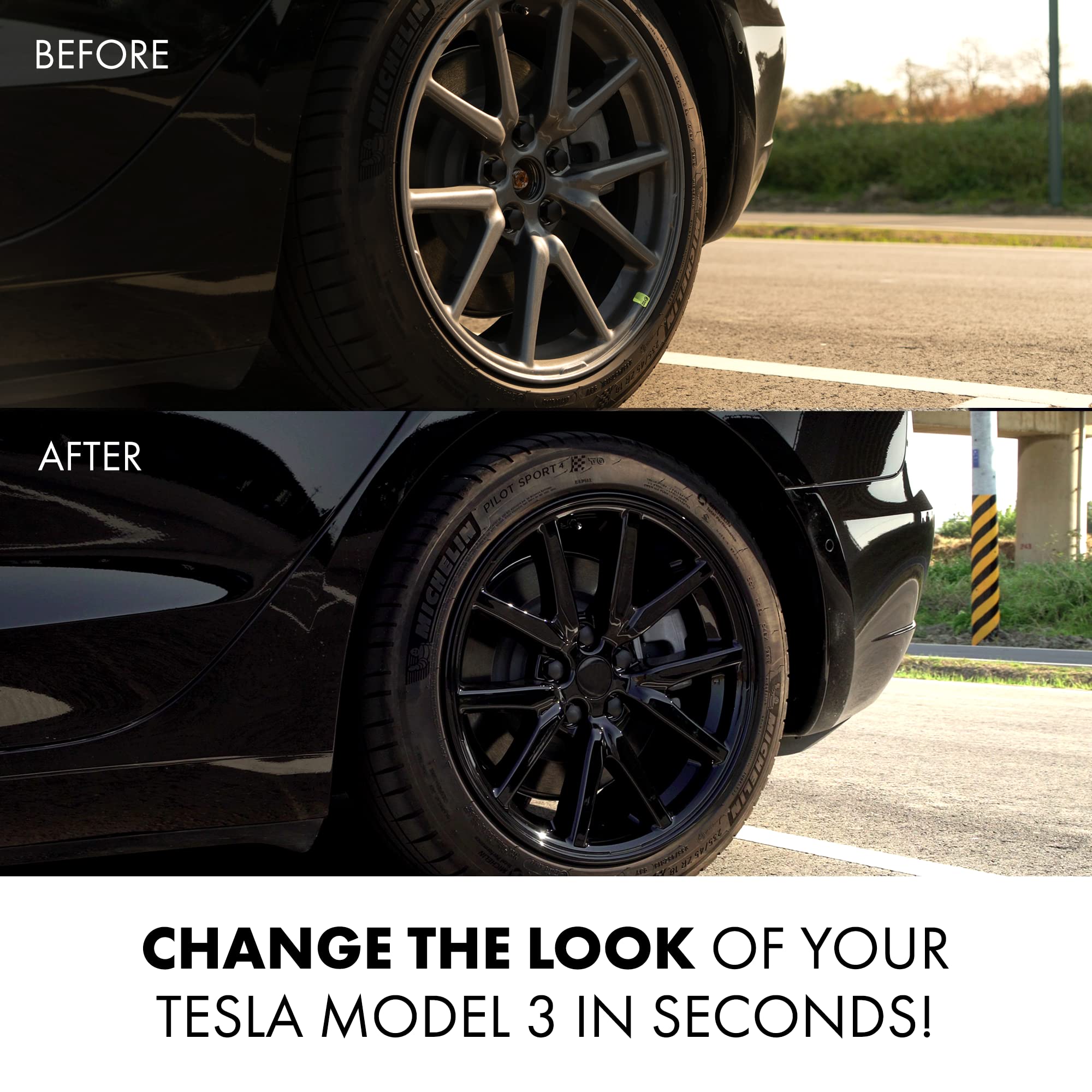 Mayde 18-Inch Hub Caps Fits 2017-2022 Tesla Model 3, Replacement Wheel Covers (Set Of 4,) (Gloss Black)