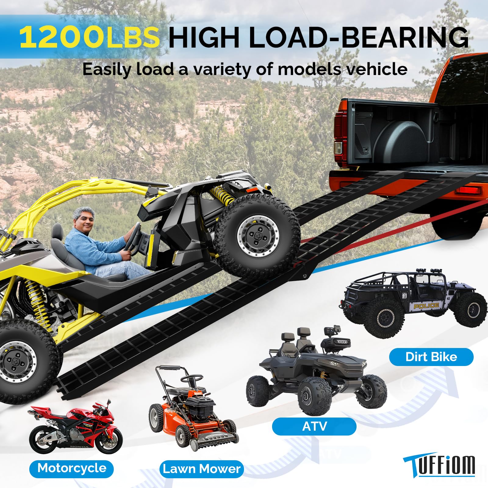 Tuffiom 10Ft Aluminum Truck Ramps 1200Lbs Capacity,2Pcs Folding Loading Atv Ramps For Pickup Trucks Bed, Trailer Ramp With Load