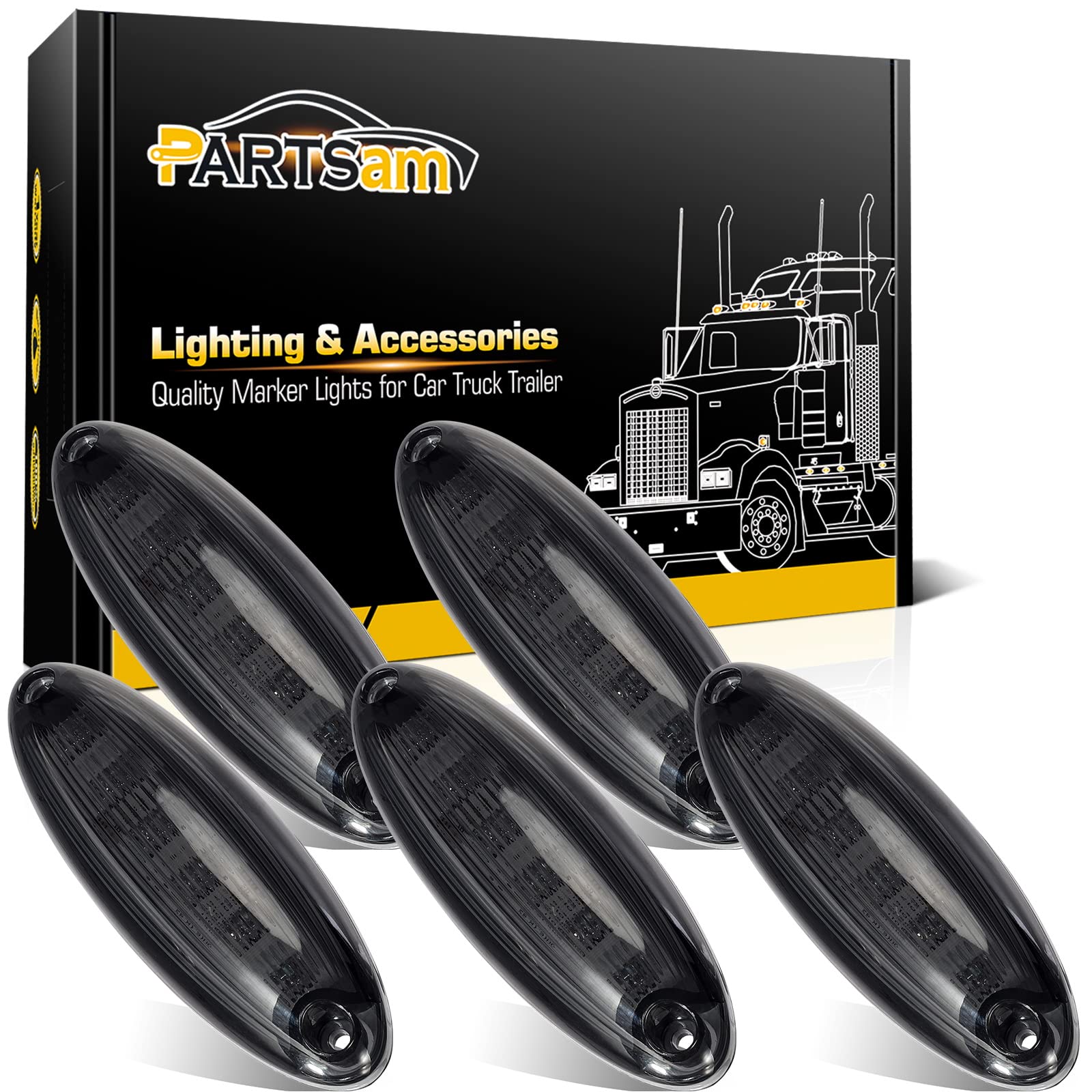 Partsam 5Pcs Smoke Lens Yellow 6 Led Top Cab Marker Roof Running Lights Lamps Assembly Replacement For Freightliner Cascadia Hea