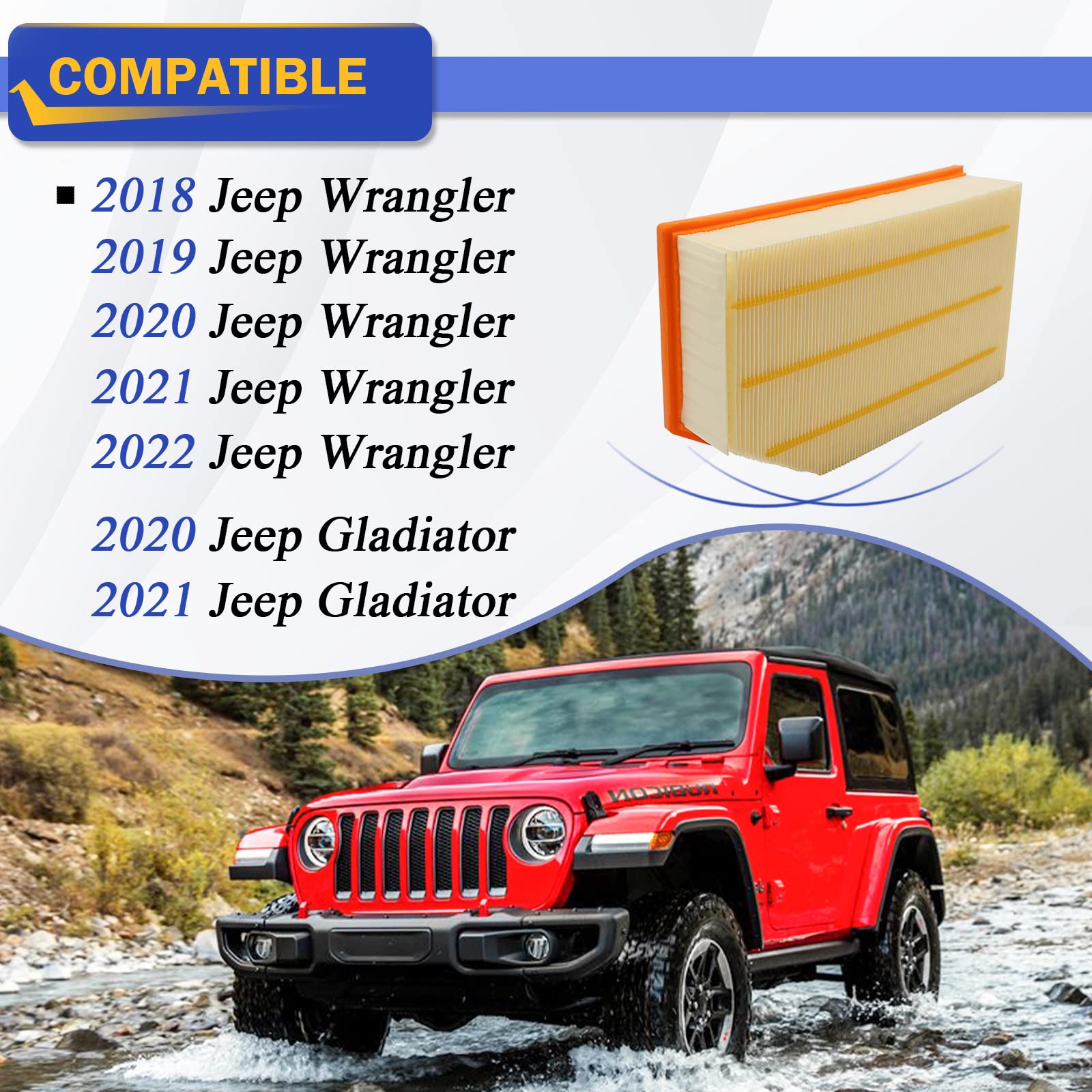 Engine Air Filter For 2018 2019 2020 2021 2022 Jeep Wrangler 2020 2021 Jeep Gladiator 68257030Aa
