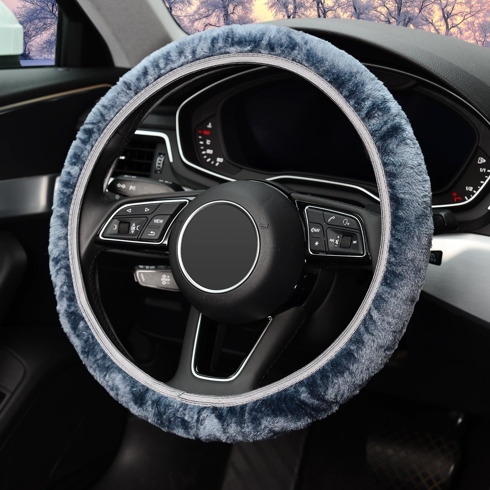 KAFEEK Elastic Long Microfiber Plush Steering Wheel Cover for Winter Warm, Universal 15 inch, Anti-Slip, Odorless, Gray