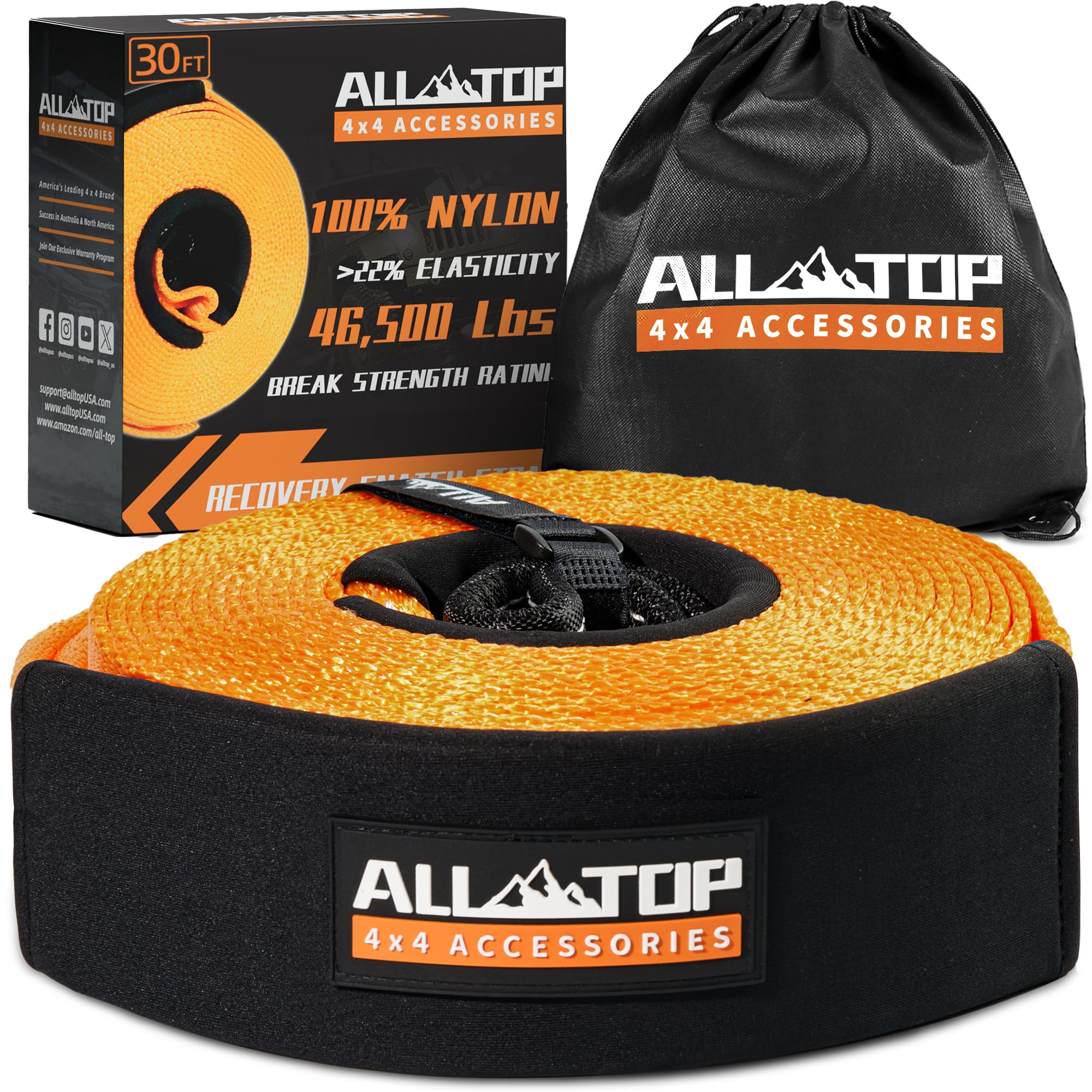 All-Top Recovery Snatch Strap, 4In X 30Ft - 46500Lbs, Extreme Duty 100% Nylon Kinetic Towing Recovery Strap With 22% Elongation
