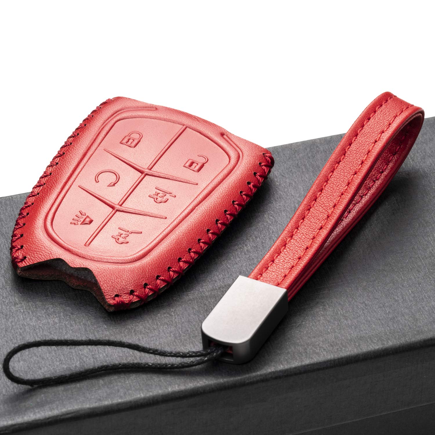 Vitodeco Genuine Leather Smart Key Fob Case Compatible For Cadillac Xt4, Cadillac Xt5, Cadillac Xt6 2019 - 2023 (6-Button, Red)