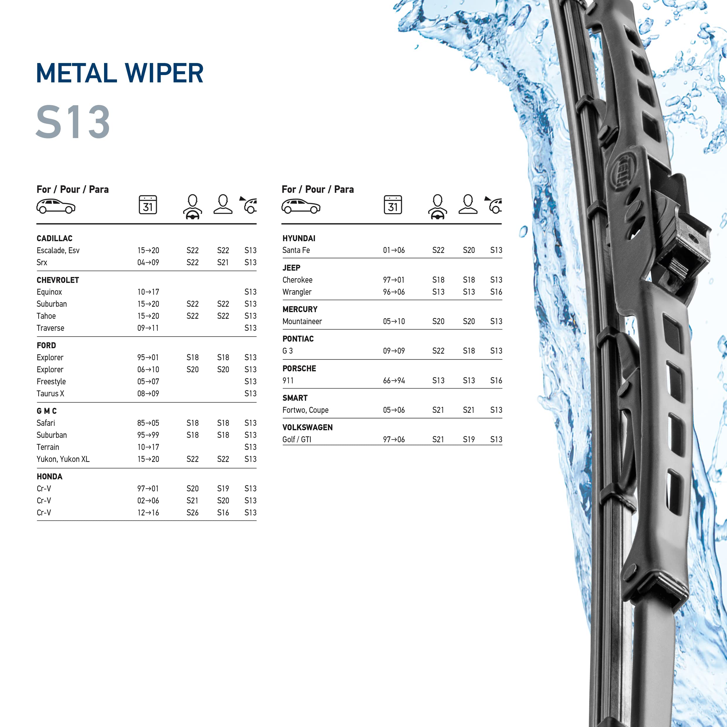 Hella Oe Quality 13 Inch All Seasons Streak-Free Rubber Standard Wiper Blade (Single Blade) Fit Select Cadillac Chevrolet Ford G