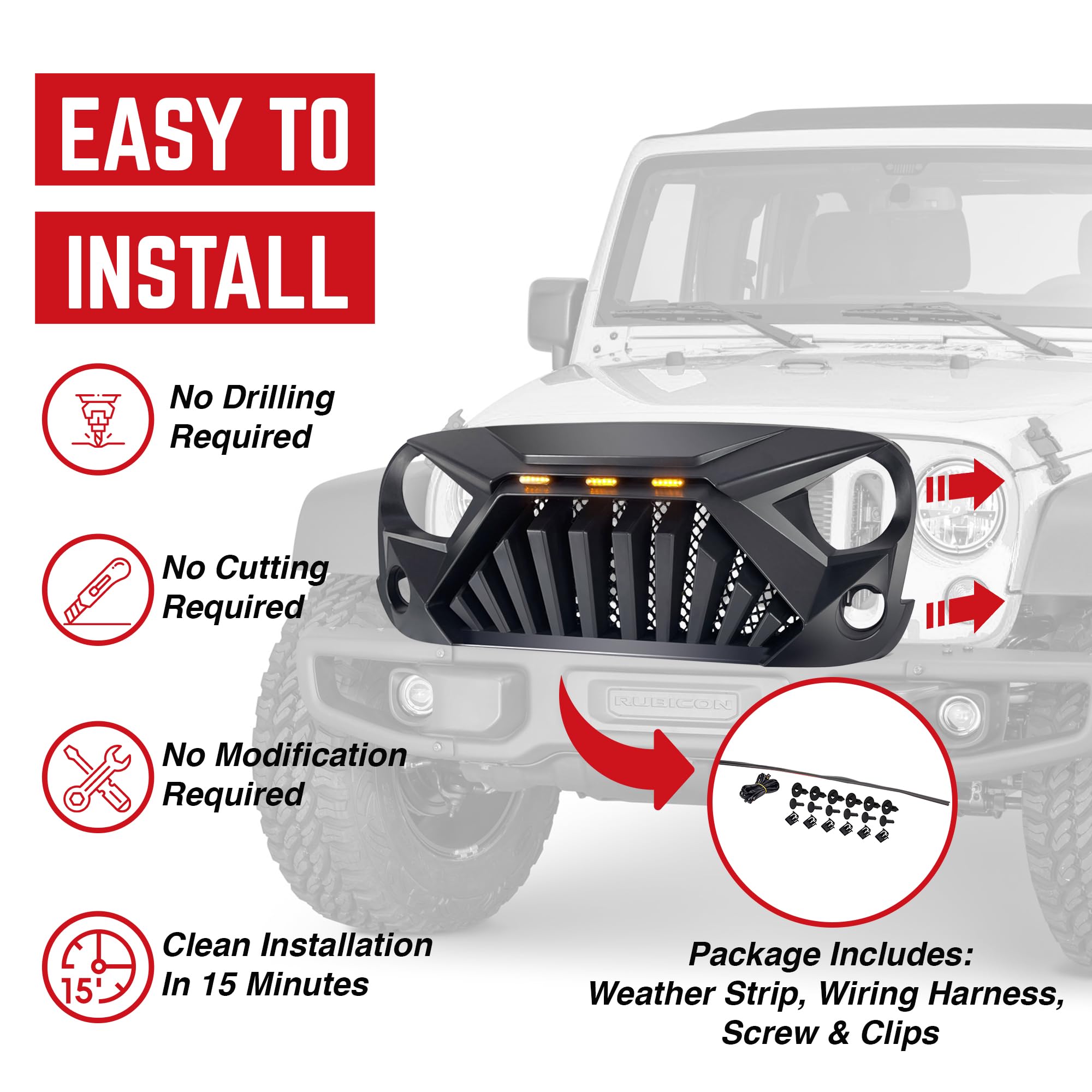 AM AMERICAN MODIFIED Front Goliath Grill for Jeep Wrangler JK 2007-2018, ABS Material, LED Lights, Matte Black, Model AMJPAA00122