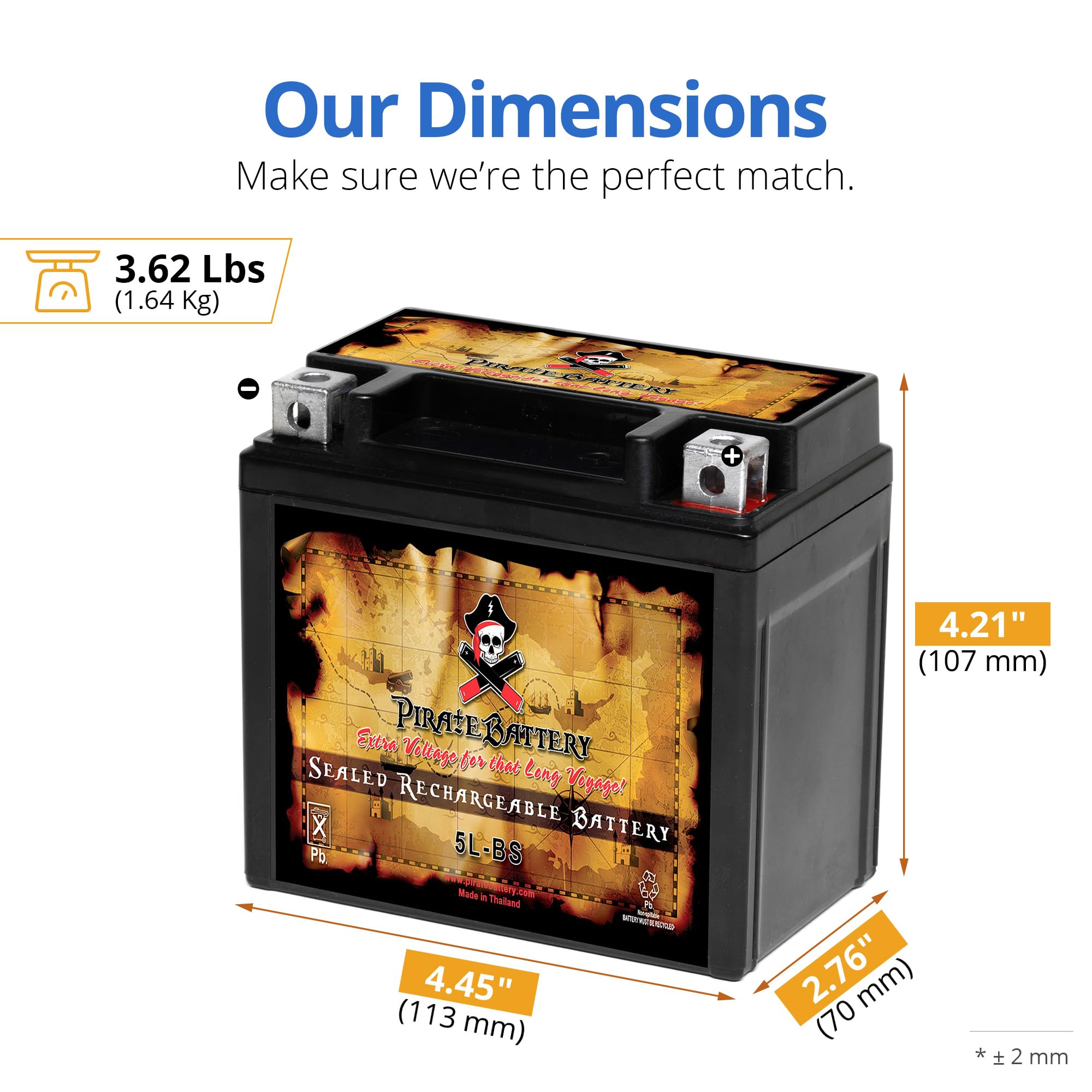 Pirate Battery Ytx5L-Bs Maintenance Free Replacement Battery Compatible With Atv, Motorcycle, And Scooter: 12 Volts, 5 Amps, 4Ah