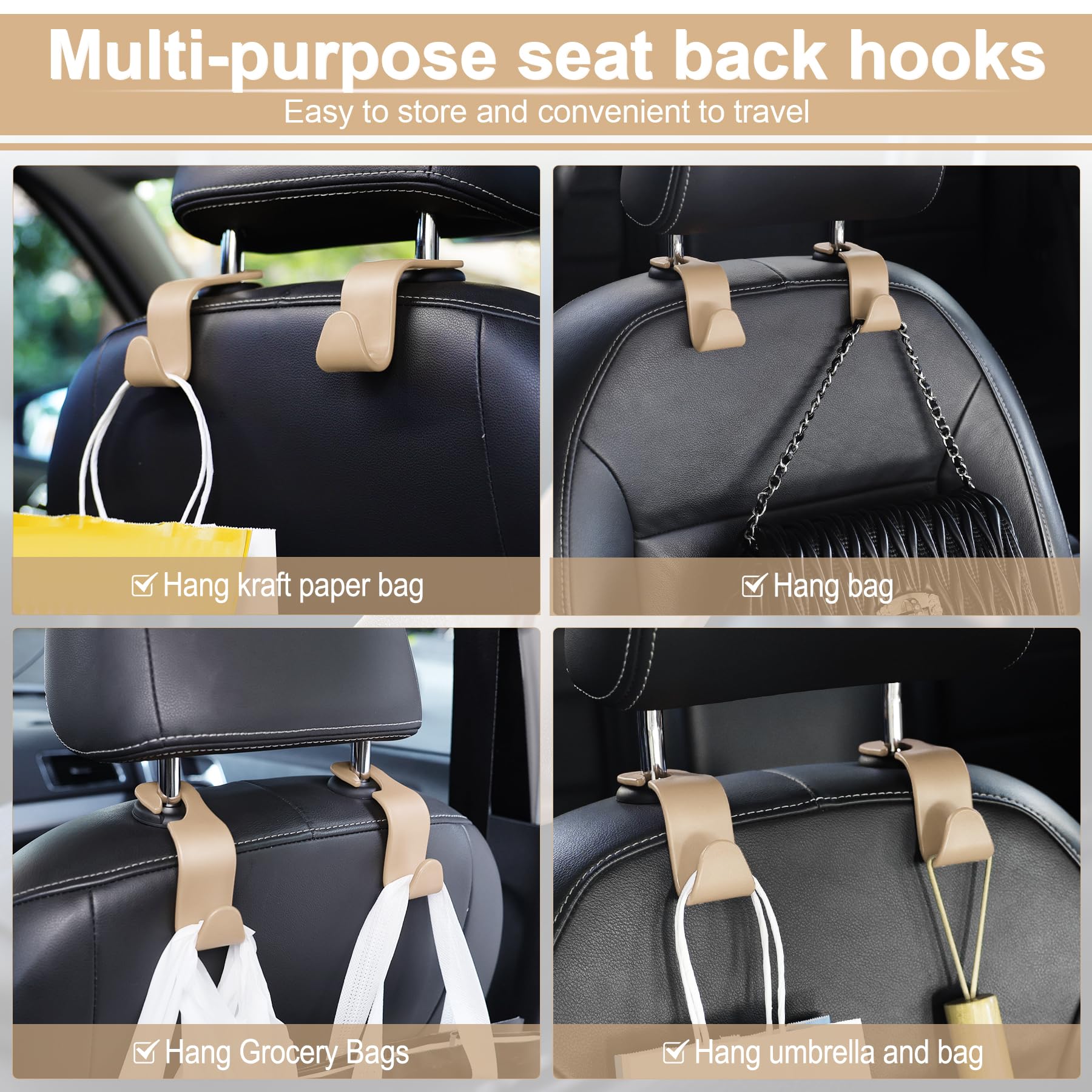 Livtee Car Seat Headrest Hook, Auto Seat Hook Hangers Storage Organizer Interior Accessories For Purse Coats Umbrellas Grocery B